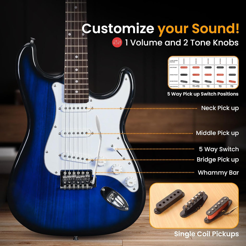 Pyle Electric Guitar and Amp Kit - Full Size 39' Complete Starter Kit with Wearable Bluetooth Amplifier, 1/4' Cable, Carry Case, Strap, Strings, Picks, Cleaning Cloth, ST-Style Pickups (Blue Burst)