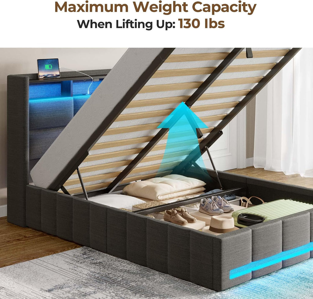 Rolanstar Bed Frame Twin Size with Lift Up Storage, Charging Station & LED Lights, Upholstered Storage Headboard, Heavy Duty Wooden Slats, No Box Spring Needed, Noise Free, Easy Assembly, Dark Grey