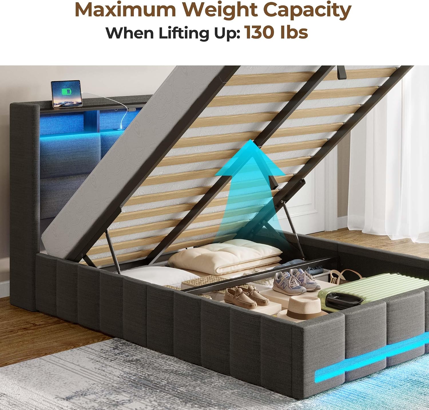 Rolanstar Bed Frame Twin Size with Lift Up Storage, Charging Station & LED Lights, Upholstered Storage Headboard, Heavy Duty Wooden Slats, No Box Spring Needed, Noise Free, Easy Assembly, Dark Grey