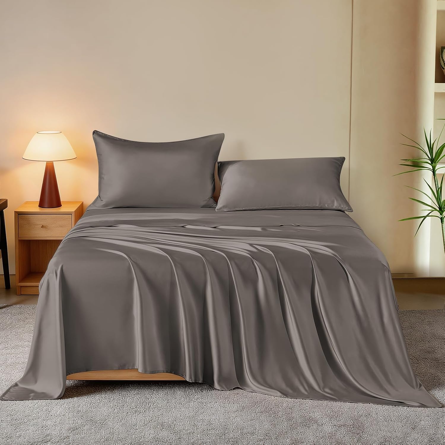 THXSILK Luxury Mulberry Silk Bed Sheets Set - 4pcs Silk Sheets Set 16' Deep Pocket - 1 Fitted Sheet, 1 Flat Sheet, 2 Pillowcases with Zipper Closure - Full, Charcoal