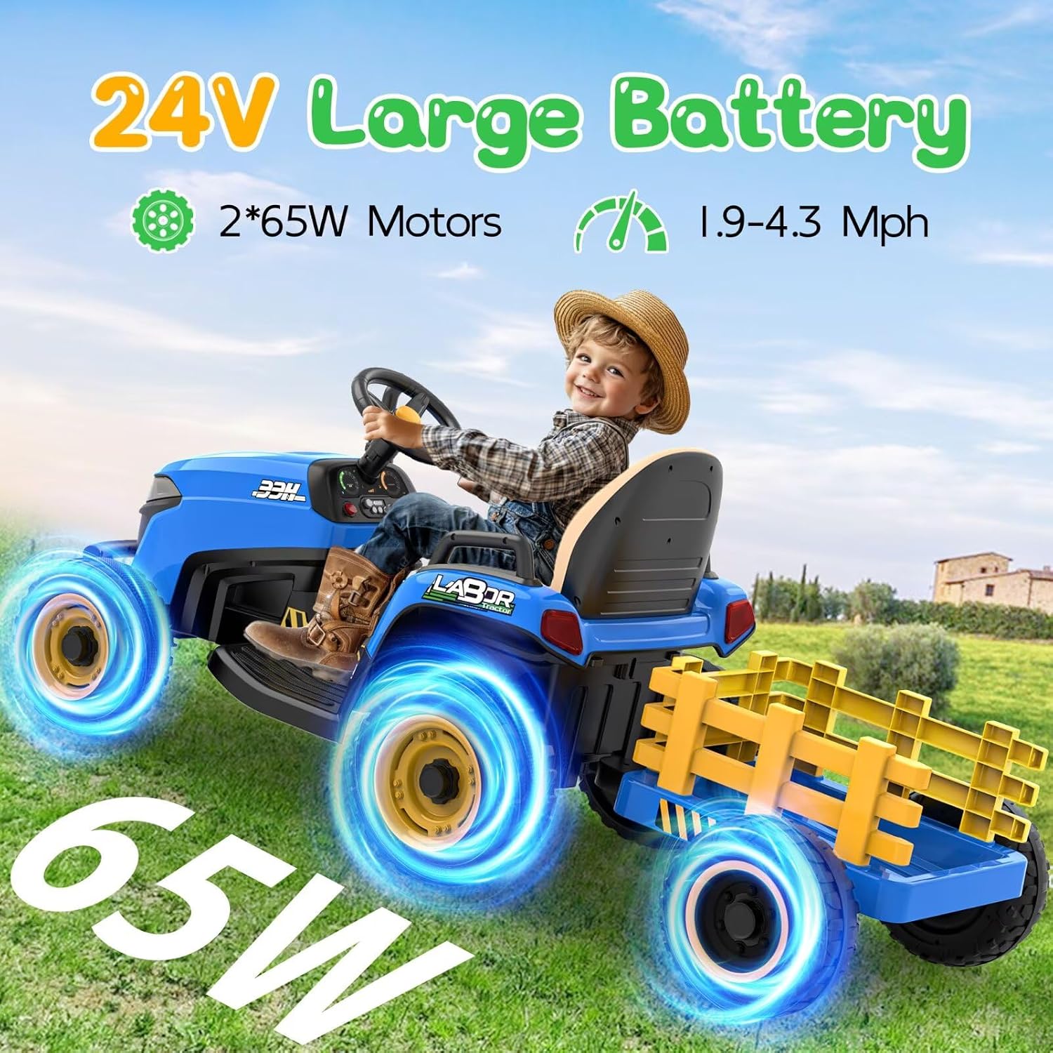 ANPABO 24V Ride On Tractor w/Tiltable & Detachable Trailer, EVA Tires, Up to 4.3Mph, Ride On Toys with Parental Remote, Realistic Tractor Sound & Chimney, Music Player, LED Light, Blue