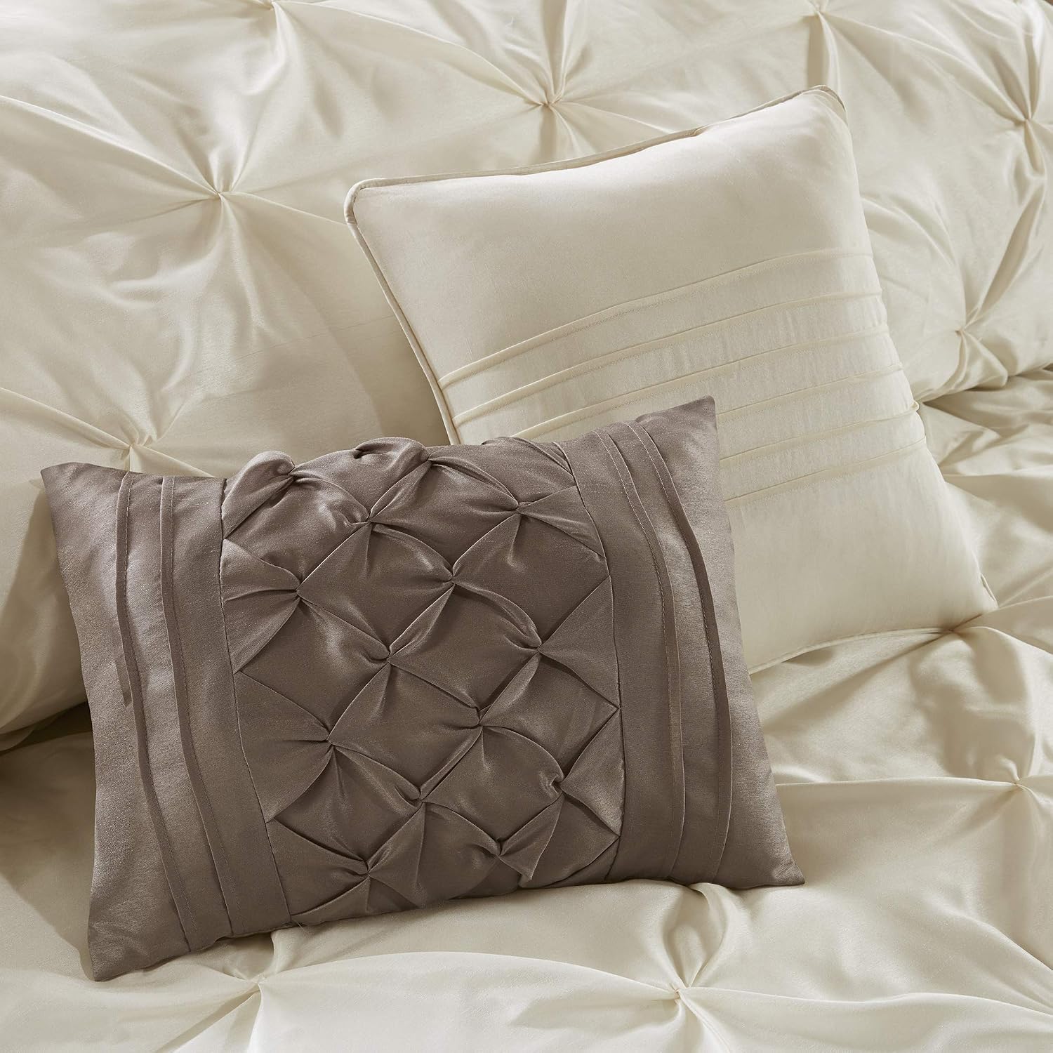 Madison Park Essentials Room in a Bag Faux Silk Comforter Set - Luxe Diamond Tufting All Season Bedding, Matching Curtains, Decorative Pillows, Ivory Cal King(104'x92') 24 Piece