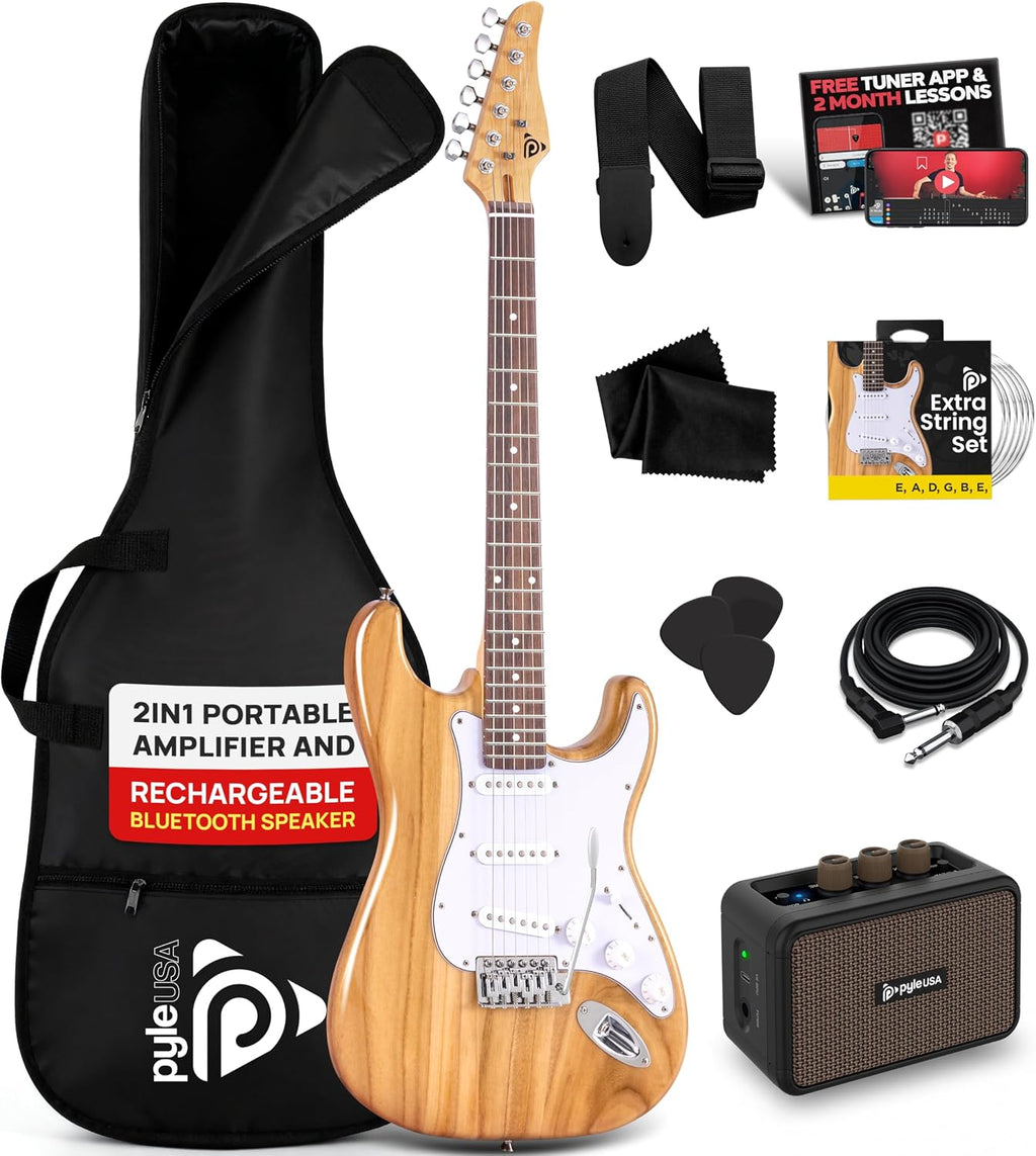 Pyle Electric Guitar and Amp Kit - Full Size 39' Complete Starter Kit with Wearable Bluetooth Amplifier, 1/4' Cable, Carry Case, Strap, Strings, Picks, Cleaning Cloth, ST-Style Pickups (Natural)