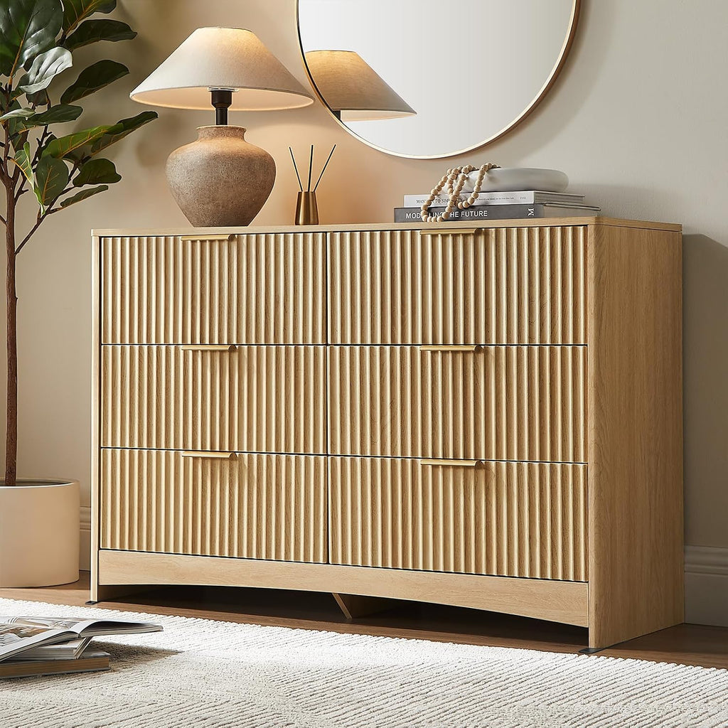 Pipishell Fluted Dresser for Bedroom, Wide Wooden Dresser with 6 Deep Drawers, Closet Storage Organizer with Round Corner & Pre-Installed Slides, Modern Chests of Drawers for Bedroom, Natural Oak