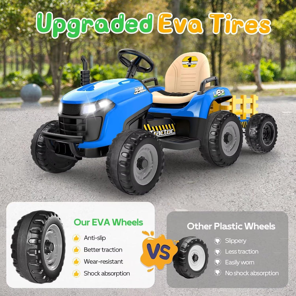 ANPABO 24V Ride On Tractor w/Tiltable & Detachable Trailer, EVA Tires, Up to 4.3Mph, Ride On Toys with Parental Remote, Realistic Tractor Sound & Chimney, Music Player, LED Light, Blue