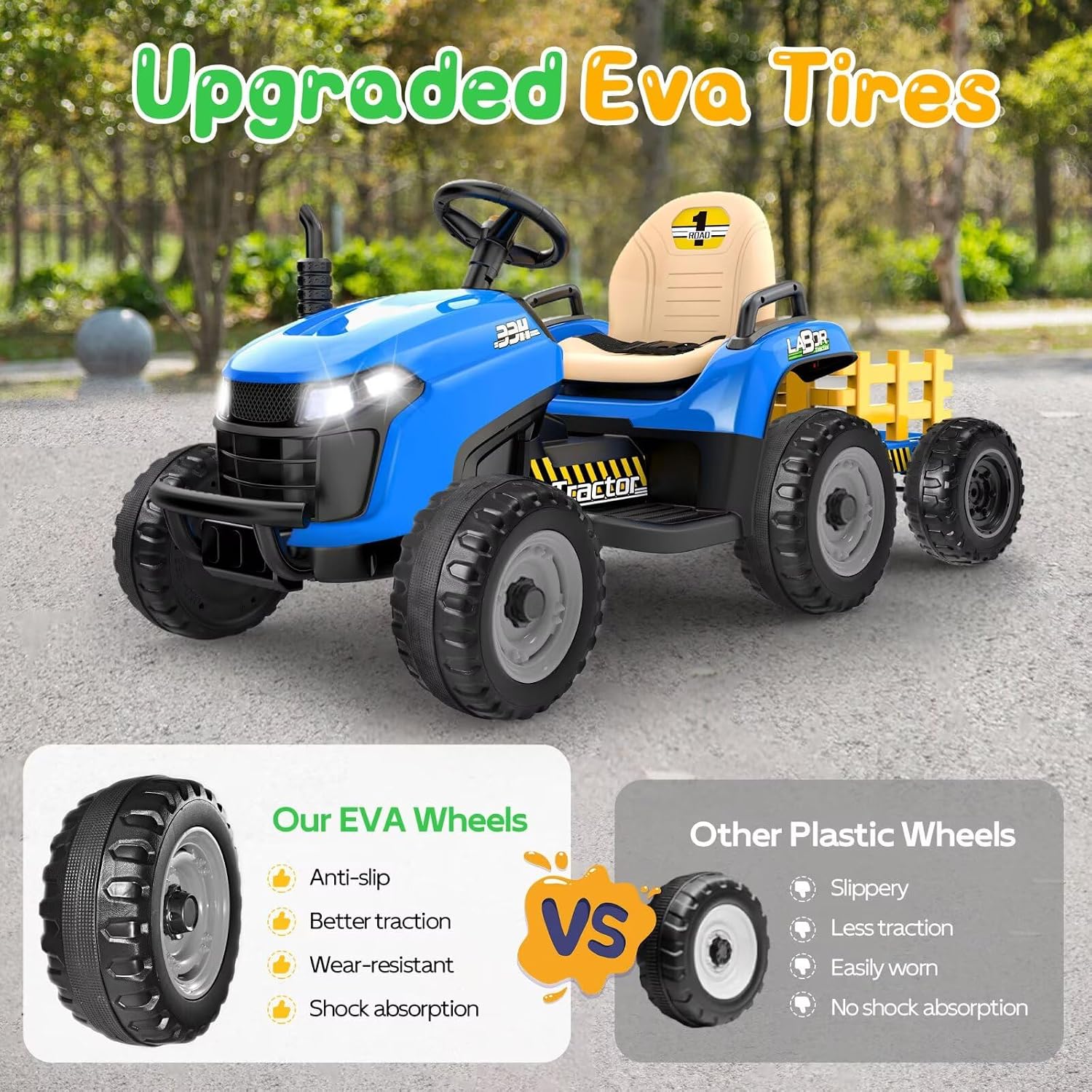 ANPABO 24V Ride On Tractor w/Tiltable & Detachable Trailer, EVA Tires, Up to 4.3Mph, Ride On Toys with Parental Remote, Realistic Tractor Sound & Chimney, Music Player, LED Light, Blue