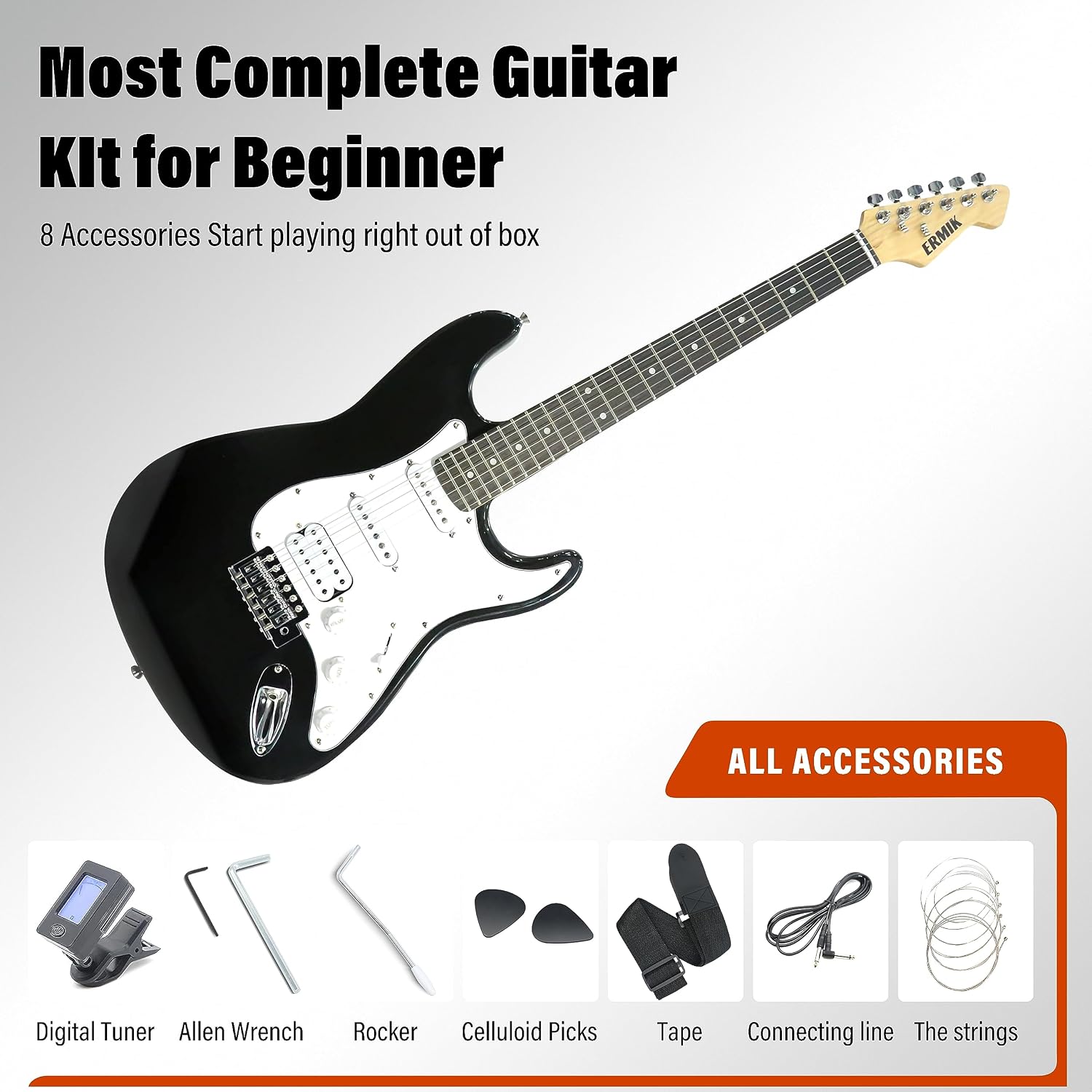 Ermik Solid Body Electric Guitar Kit with Amp 20W, Strings, Strap, Digital Tuner, Picks, Gig Bag, Cable, Tremolo Bar, 39' Full Size Guitar HSS Pickups Guitarra Electrica Beginner Gift - Black