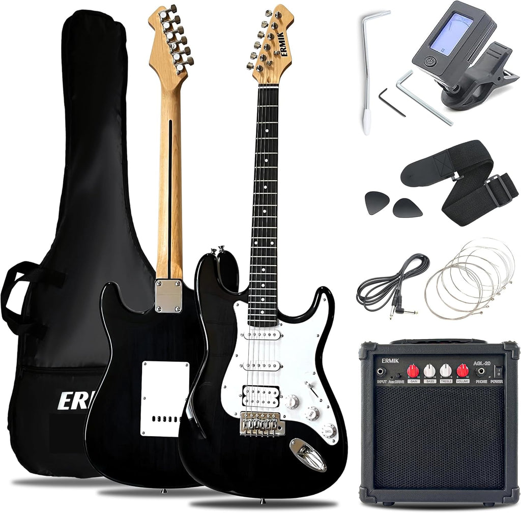 Ermik Solid Body Electric Guitar Kit with Amp 20W, Strings, Strap, Digital Tuner, Picks, Gig Bag, Cable, Tremolo Bar, 39' Full Size Guitar HSS Pickups Guitarra Electrica Beginner Gift - Black