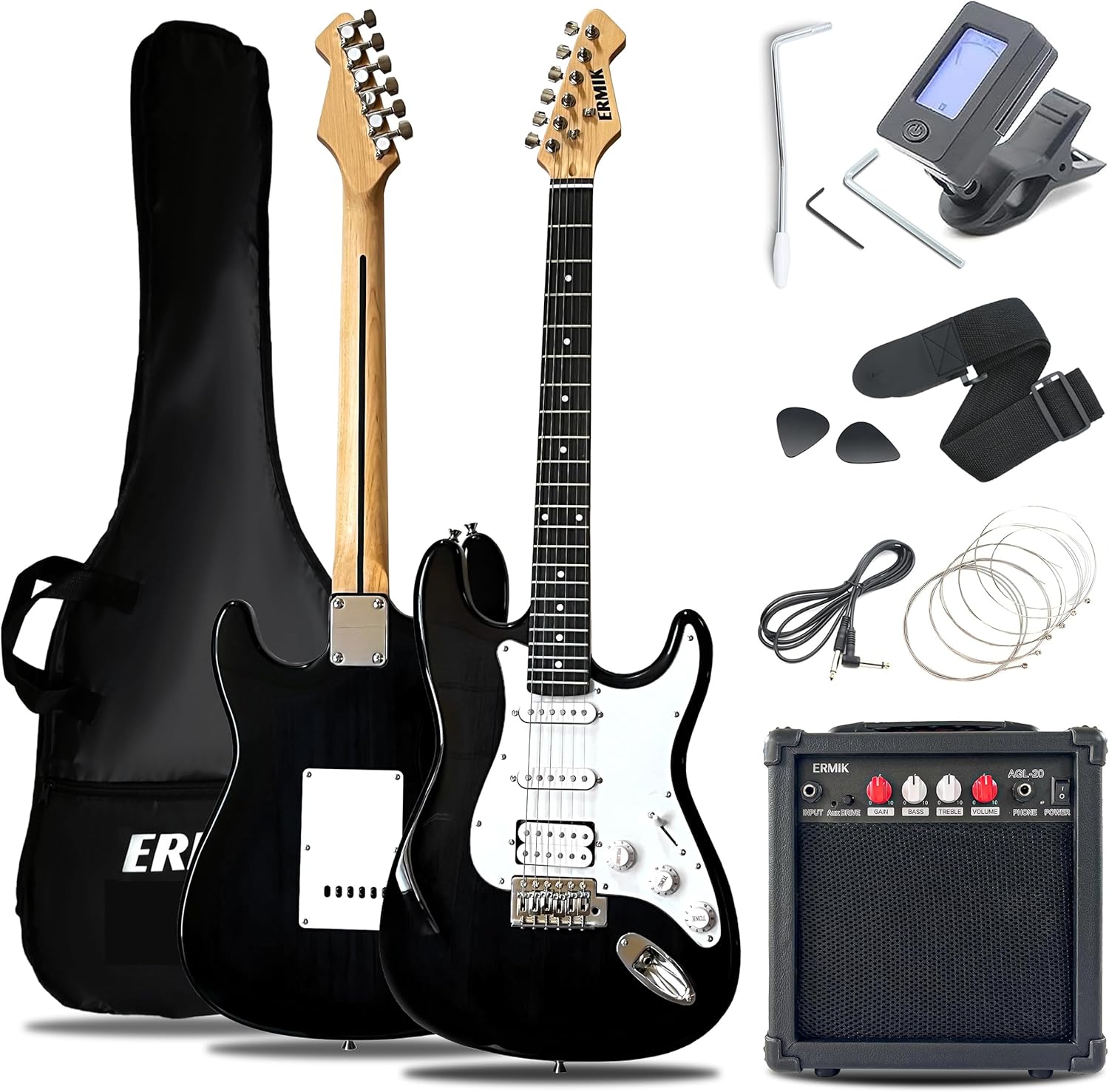 Ermik Solid Body Electric Guitar Kit with Amp 20W, Strings, Strap, Digital Tuner, Picks, Gig Bag, Cable, Tremolo Bar, 39' Full Size Guitar HSS Pickups Guitarra Electrica Beginner Gift - Black