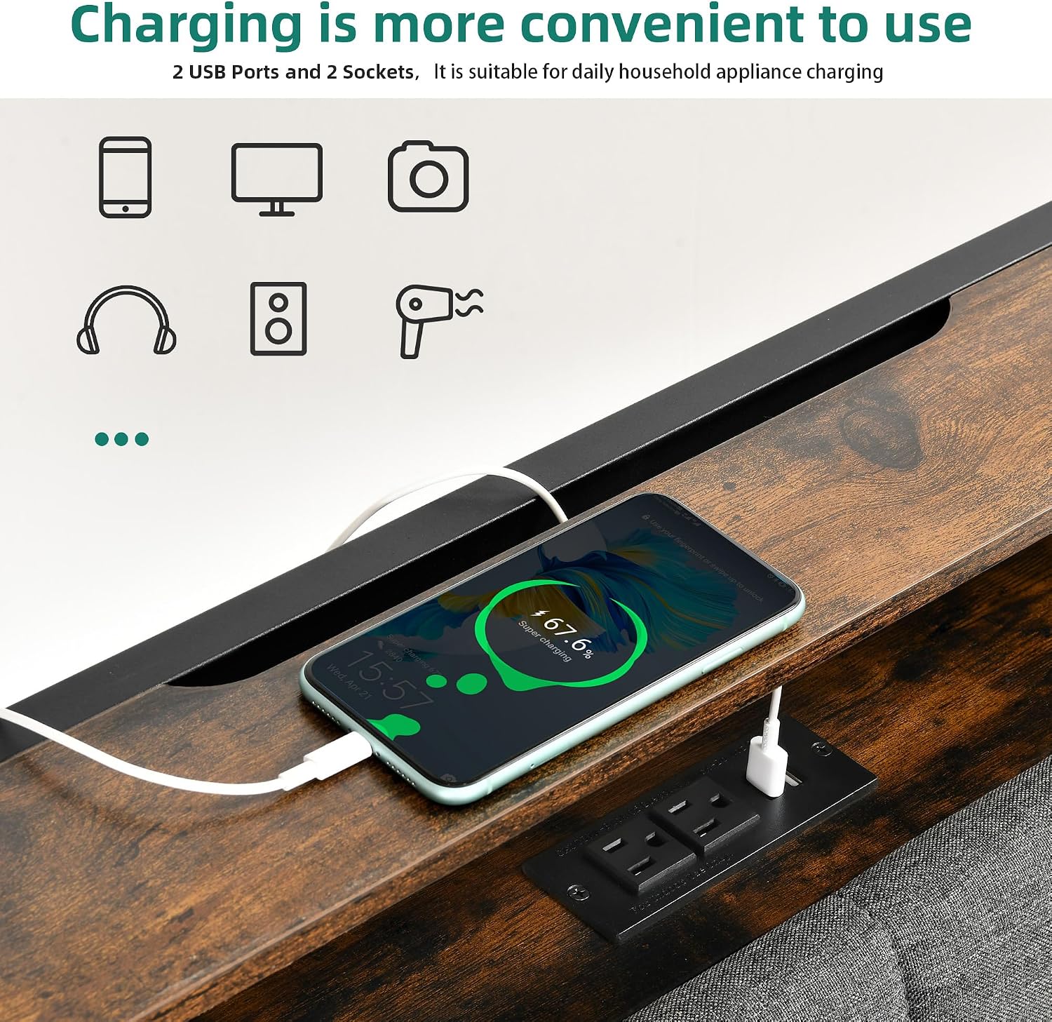 YITAHOME Full Size Bed Frame with RGB LED Lights and 4 Drawers, Upholstered Platform Bed with Charging Station and Storage Headboard, No Box Spring Needed, Noise-Free, Fast Assembly, Rustic Grey