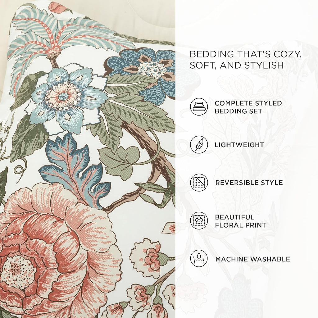 Lush Decor Sydney Floral Comforter Set, 7 Piece Set, Full/Queen, Green & Blue - Fully Styled Bedding Queen Size Comforter Set - Colorful Floral Print - Cottage Core Decor - Coquette Bedding