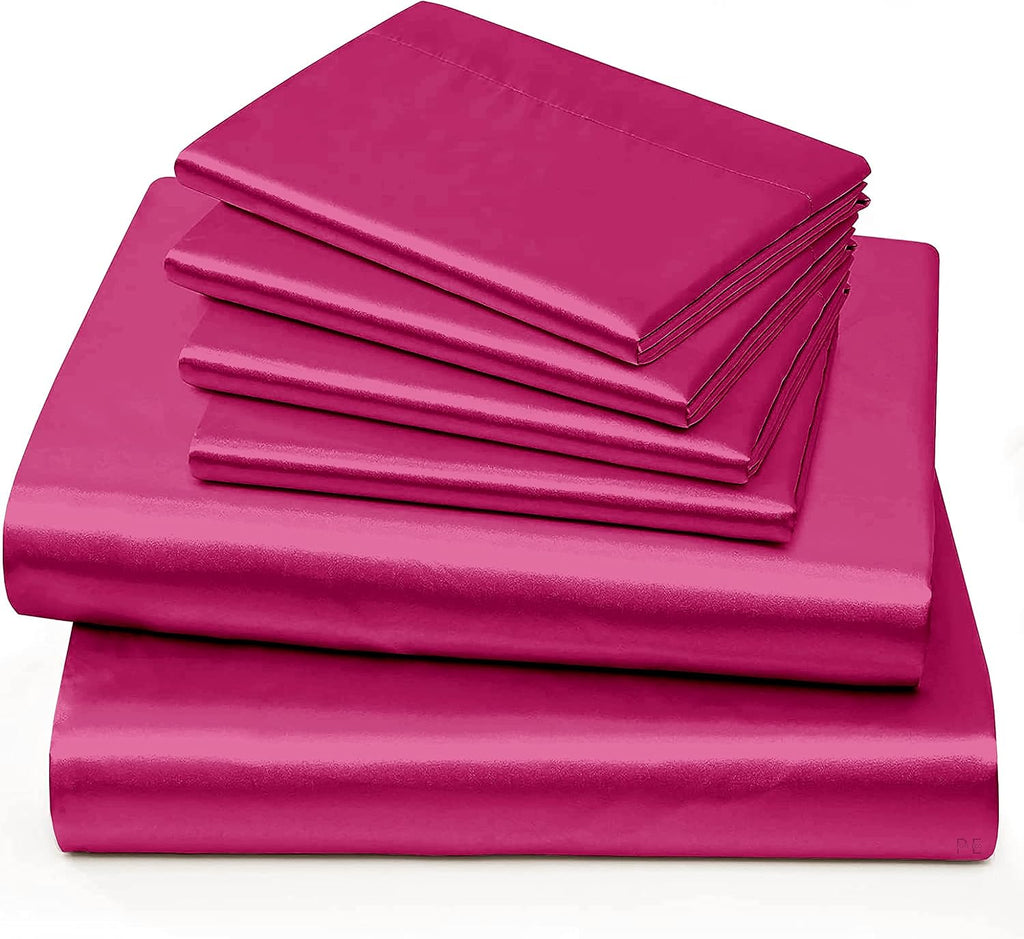 6 Piece Mulberry Silk Sheet Set Queen Size (60x80)+ Upto 16 Inch Deep Pocket Hot Pink Color Smooth Soft and Silk Bed Sheets Queen Size Bedding Set
