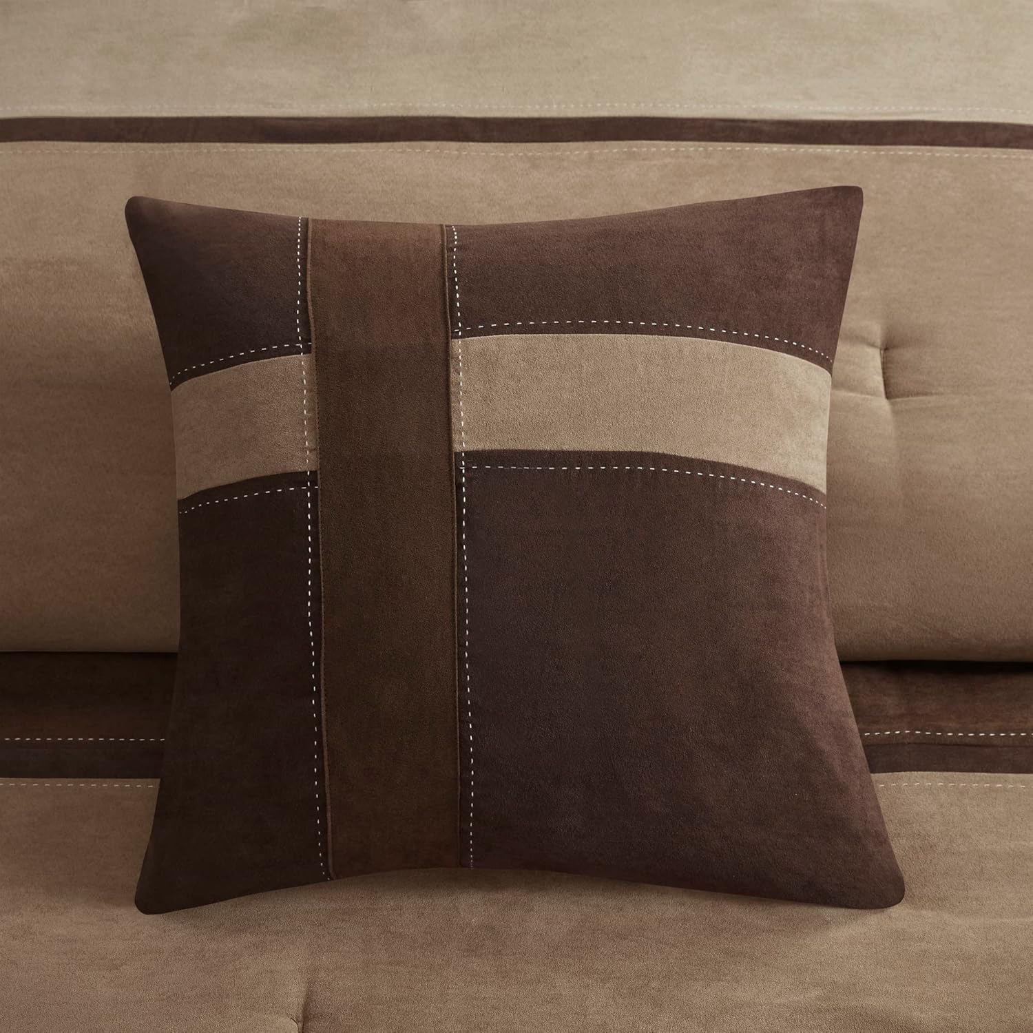 Madison Park Palisades Comforter Set Modern Faux Suede Pieced Stripe Design, All Season Down Alternative Cozy Bedding with Matching Shams, Decorative Pillows, Cal King(104'x92'), Brown 7 Piece