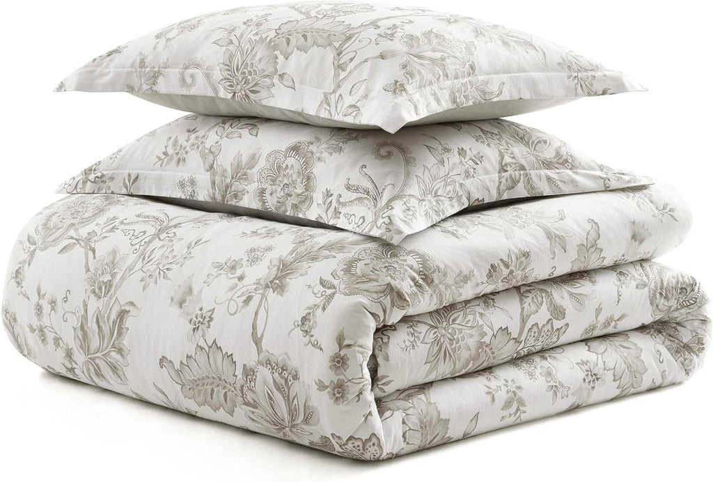 Martha Stewart - Queen Duvet Cover Set, Smooth Sateen Front with Subtle Sheen & Lightweight Cotton Percale Reverse, 3 Piece Bed Set with Matching Pillowcases (Avery Floral Grey)