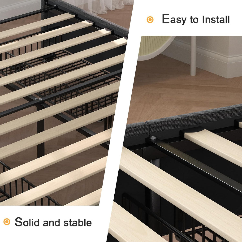 VECELO Full Size Bed Frame with 4 Drawers, Adjustable Tufted Button Headboard, Upholstered Platform with Wood Slats Support, Built-in USB and Type C Ports, Dark Gray