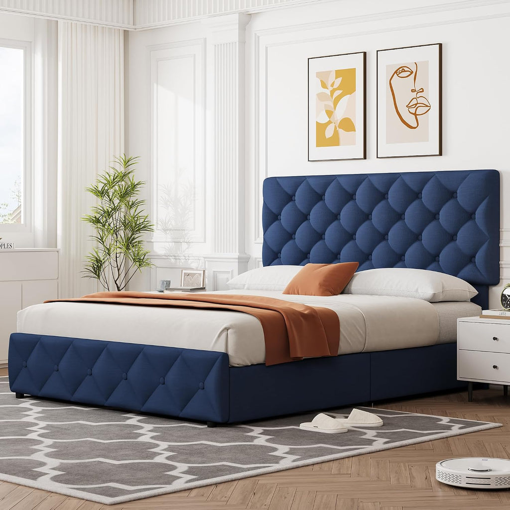 Queen Size Bed Frame with 4 Storage Drawers, Linen Upholstered Platform Bed Frame with Headboard and Footboard, Wooden Slats Support, Diamond Stitched Button Tufted, No Box Spring Needed, Blue