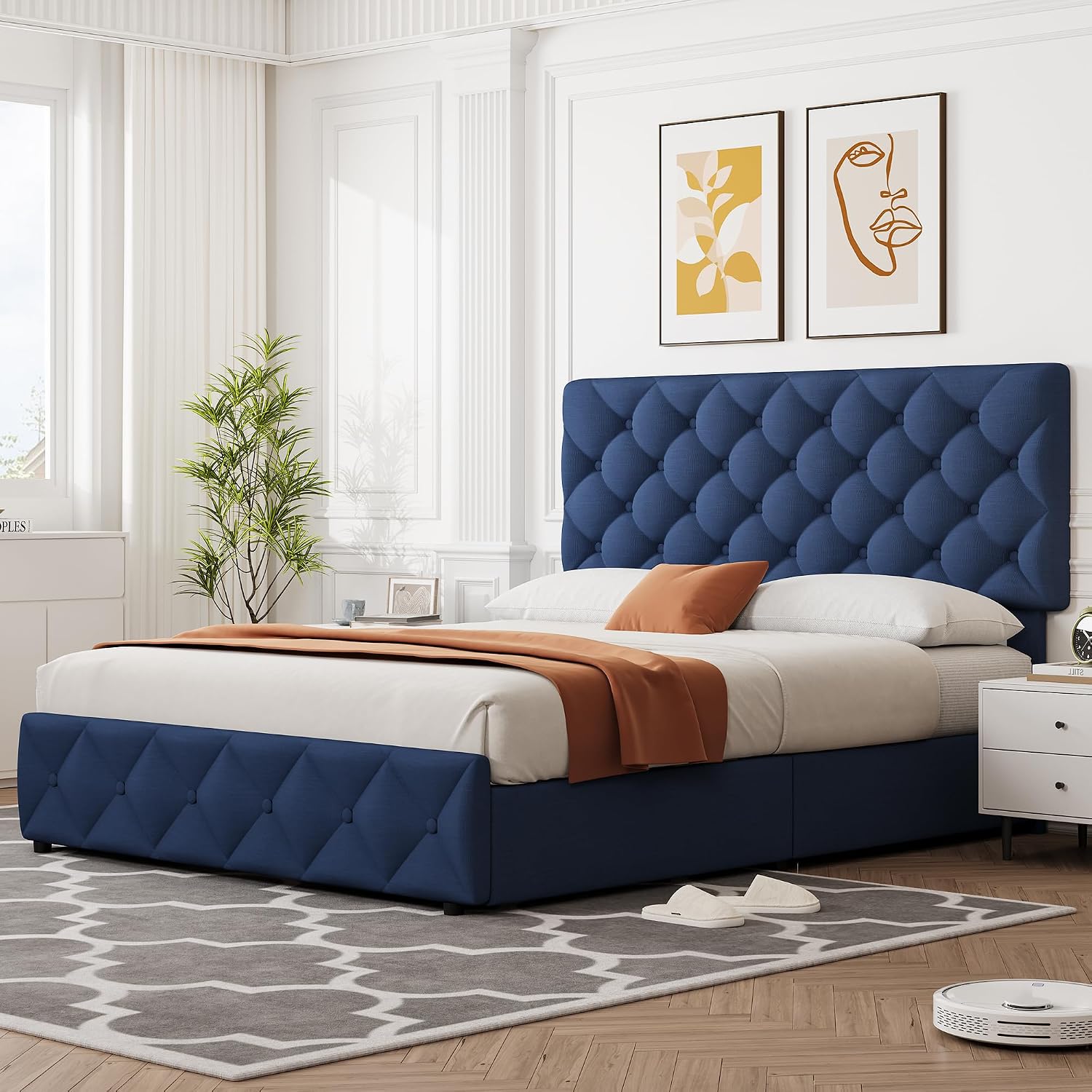 GAOMON Full Size Bed Frame with 4 Storage Drawers, Linen Upholstered Platform Bed Frame with Headboard and Footboard, Wooden Slats Support, Diamond Stitched Button Tufted, No Box Spring Needed, Blue