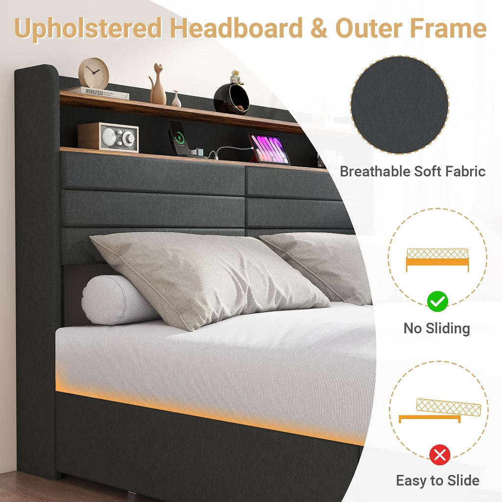 Zevemomo Full Bed Frame with 4 Drawers, Upholstered Full Size Bed Frame with Headboard, LED, Charging Station with USB Ports & AC Outlets, Sturdy Metal Slat Support, Noiseless, Gray
