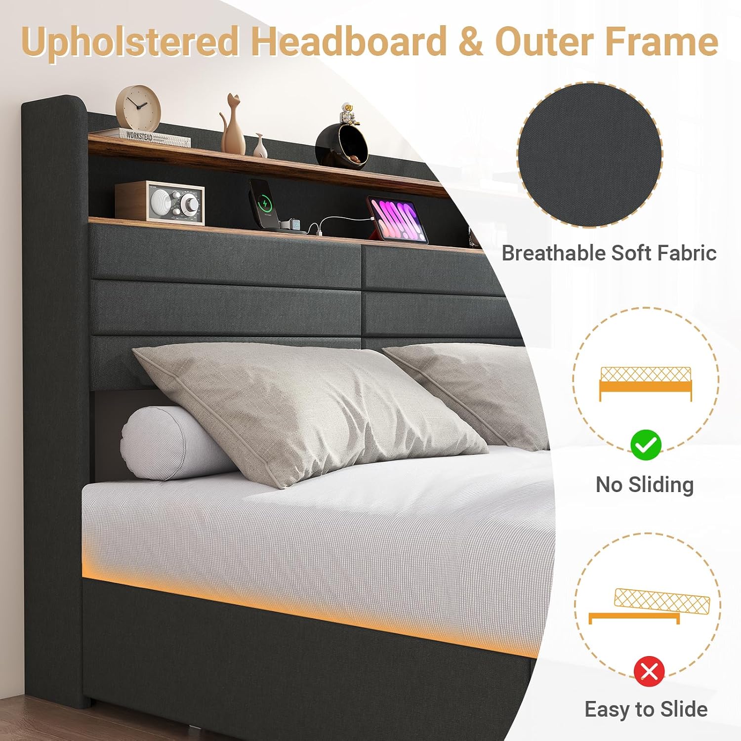 Zevemomo Full Bed Frame with 4 Drawers, Upholstered Full Size Bed Frame with Headboard, LED, Charging Station with USB Ports & AC Outlets, Sturdy Metal Slat Support, Noiseless, Gray