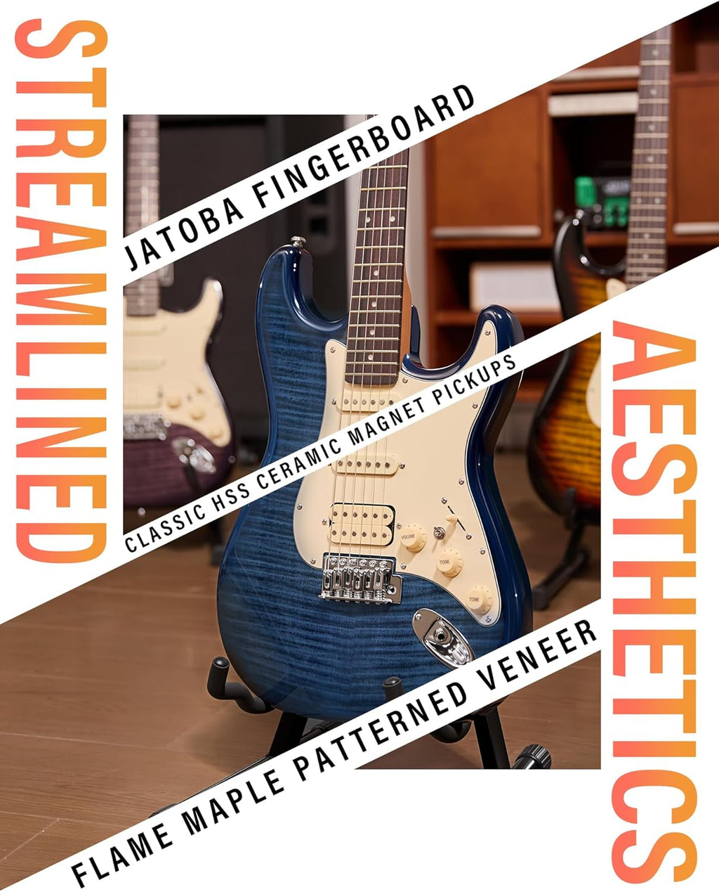 AKLOT Beginner Electric Guitar Kit: 10W Amp, Coil-Split HSS Pickups, Lesson Book, Roasted Maple Neck, Gig Bag, Tuner, Strap, Picks, Stryde Storm Blue