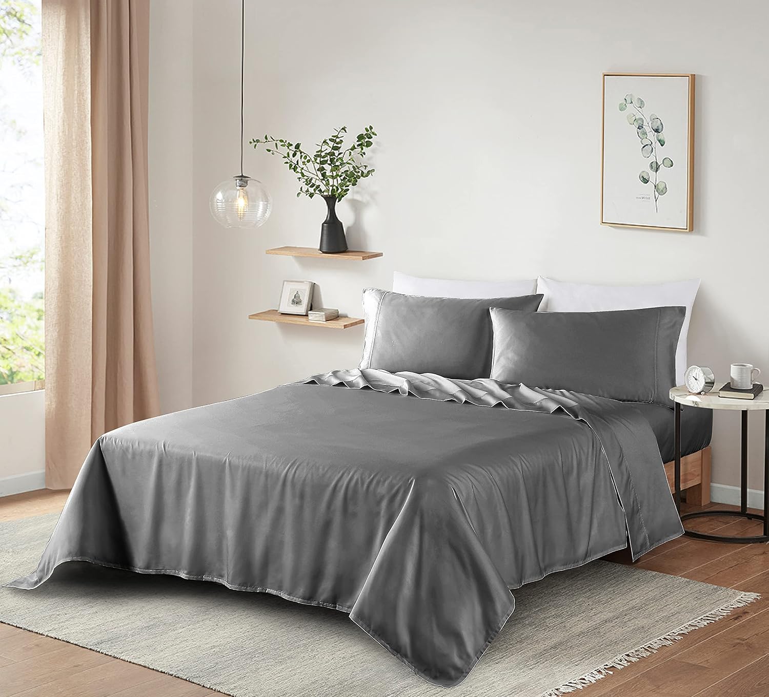 100% Supima Cotton Sheets 600 Thread Count,Full Size Bed Sheet Set 4 Pieces,Soft & Silky Sateen Weave, Fits Mattress Up to 18'',Deep Pocket, Breathable & Fade Resistant (Dark Grey, Full)