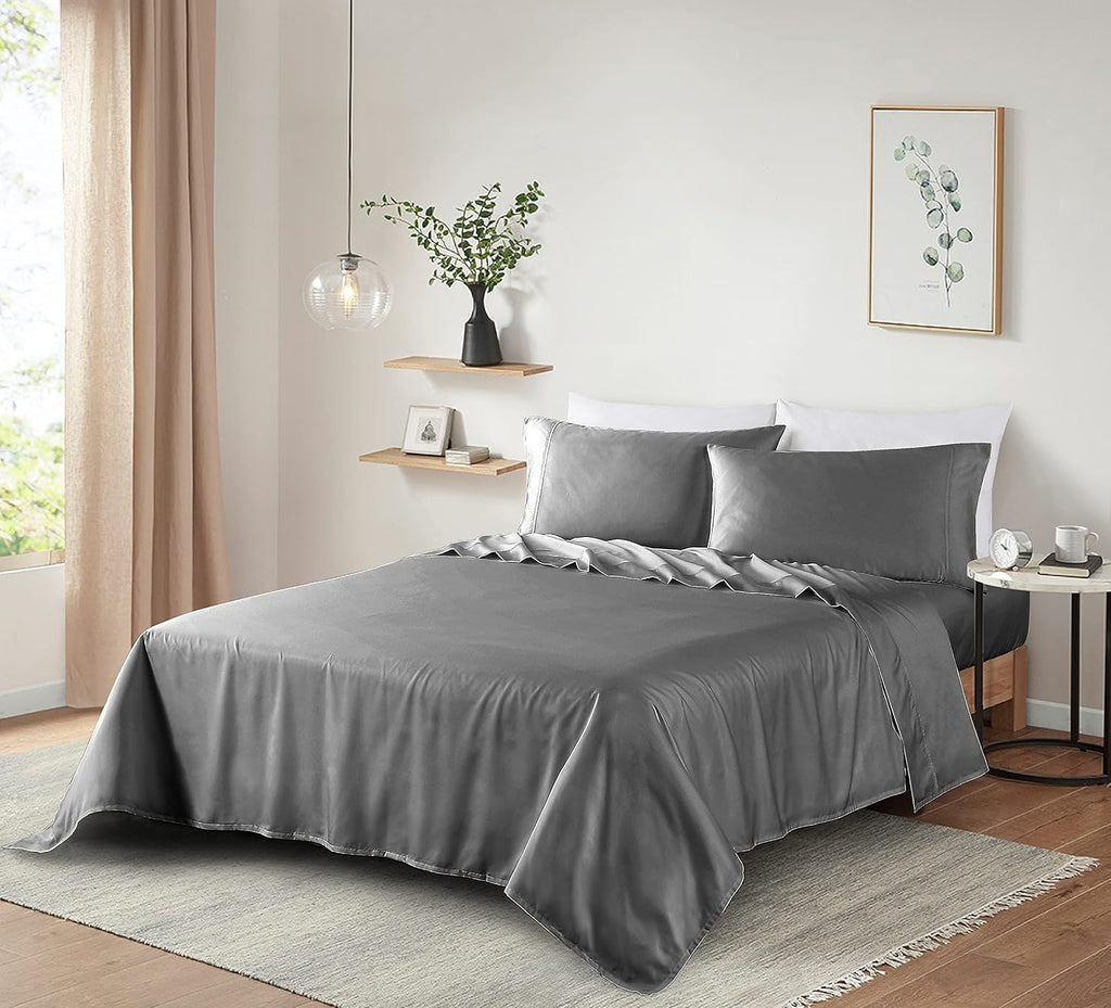 100% Supima Cotton Sheets 600 Thread Count,Bed Sheet Set Queen Size Sheets 4 Pieces, Soft & Silky Sateen Weave, Fits Mattress Up to 18'',Deep Pocket, Breathable & Fade Resistant(Grey,Queen)