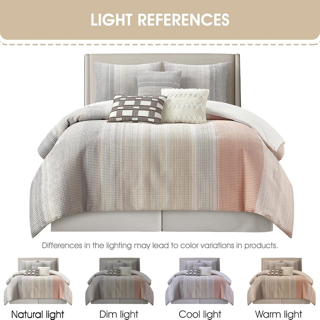 Grand Avenue Grey Waffle Jacquard Comforter Set King Size, 7 Piece Striped Bedding Set, All Season Home Decor, Matching Pillow Shams, Bedskirt, Decorative Pillows