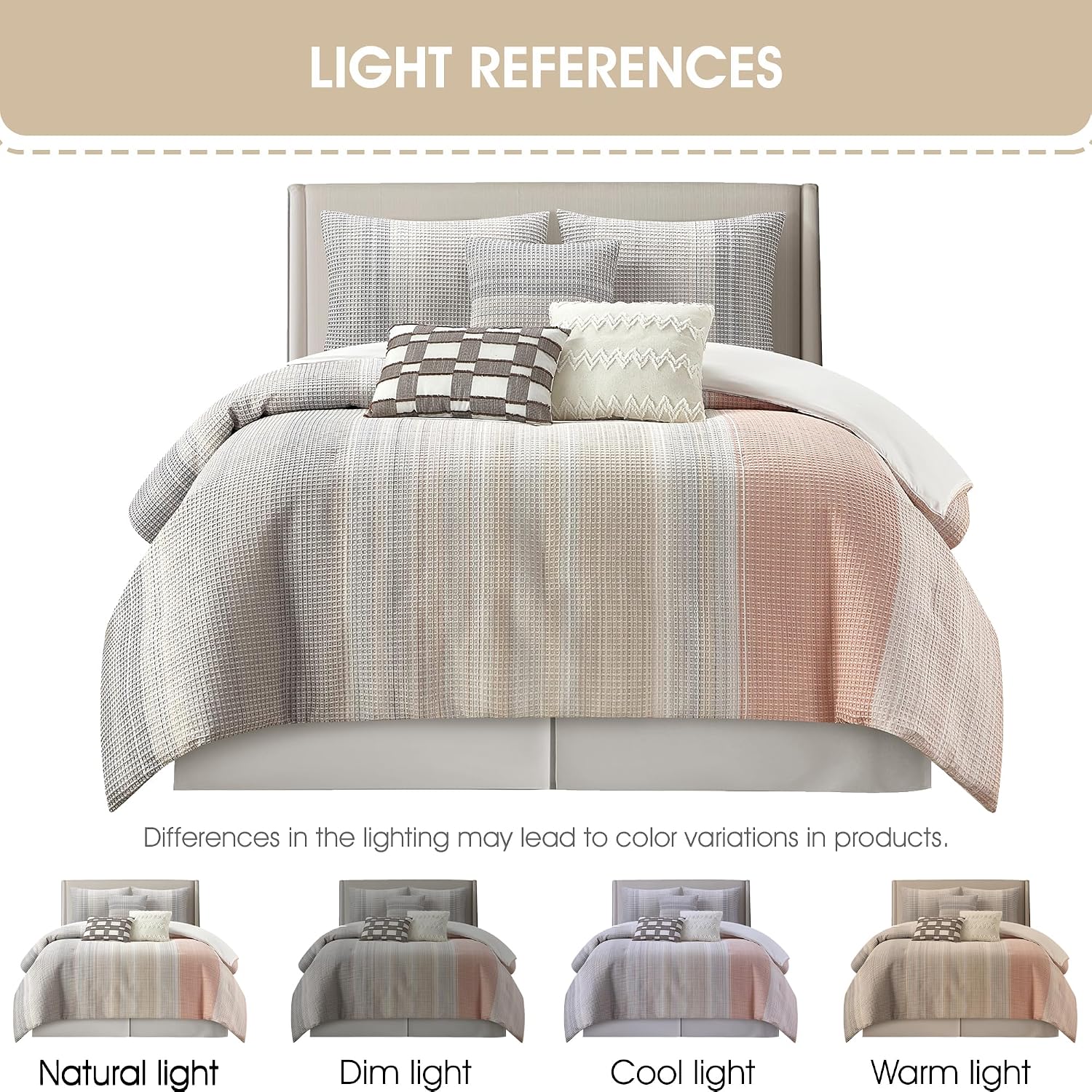Grand Avenue Grey Waffle Jacquard Comforter Set California King Size, 7 Piece Striped Bedding Set, All Season Home Decor, Matching Pillow Shams, Bedskirt, Decorative Pillows