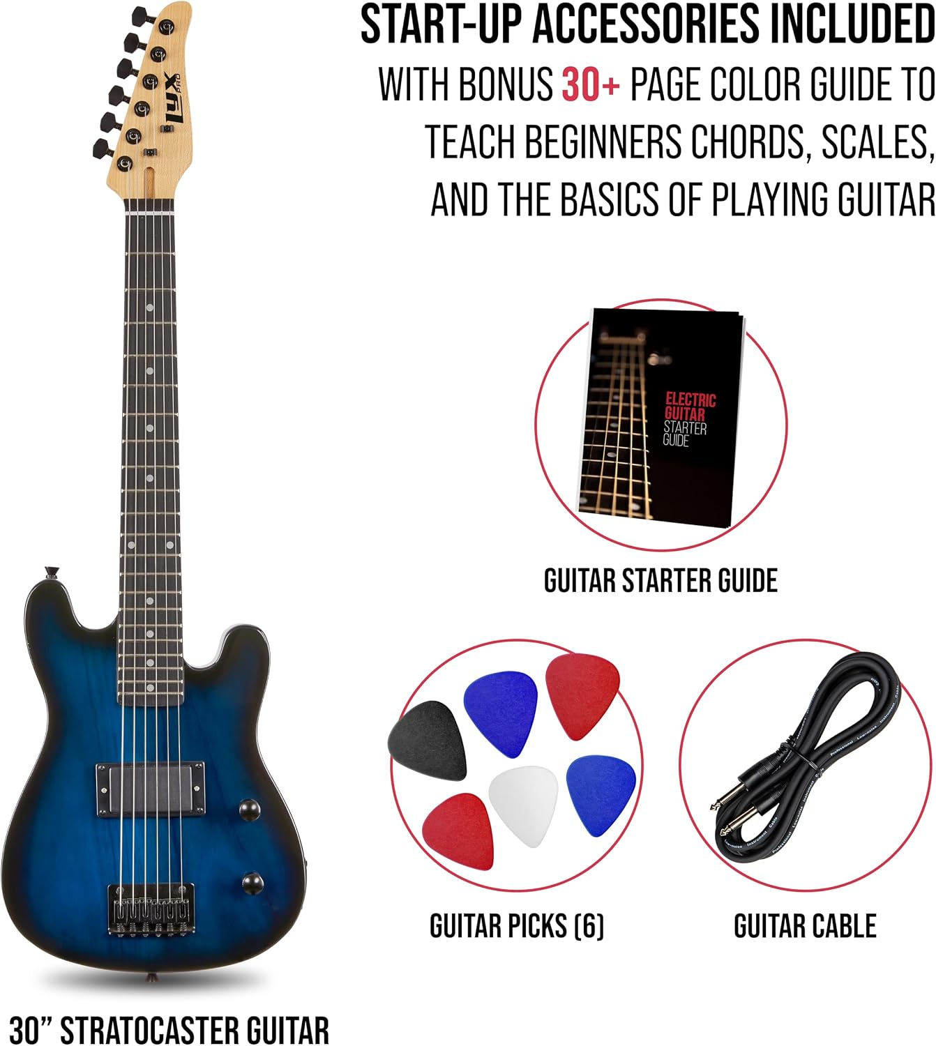 LyxPro CS 30' Electric Guitar Kit for Beginner, Intermediate & Pro Players with Guitar, Amp Cable, 6 Picks & Learner's Guide | Solid Wood Body, Volume/Tone Controls, 5-Way Pickup - Blue