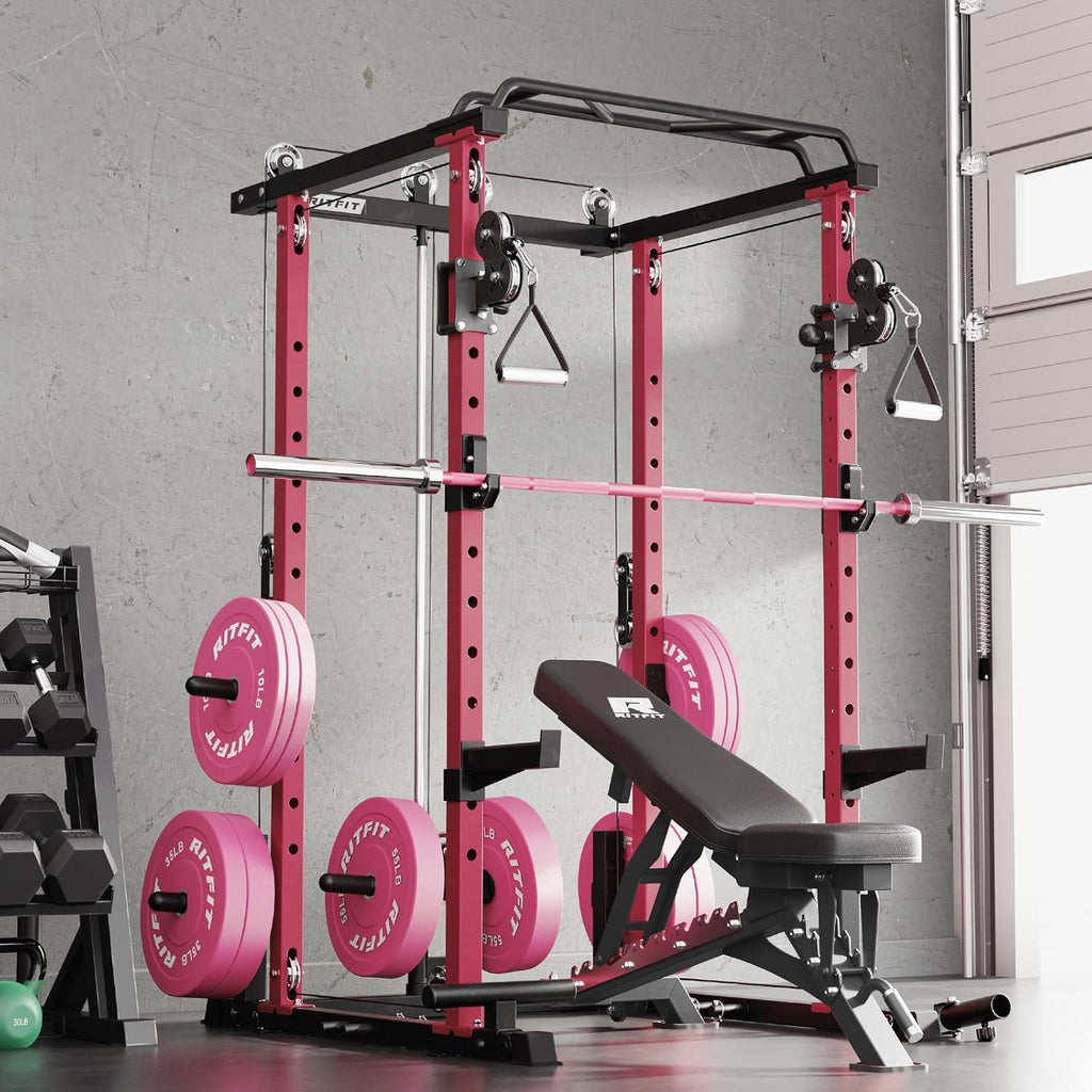 RitFit Multi-Function Garage & Home Gym Package Includes 1200LBS Power Cage PPC03/P3 with Cable Crossover System, Weight Bench, Olympic Barbell Weight Set, Full Body Workout