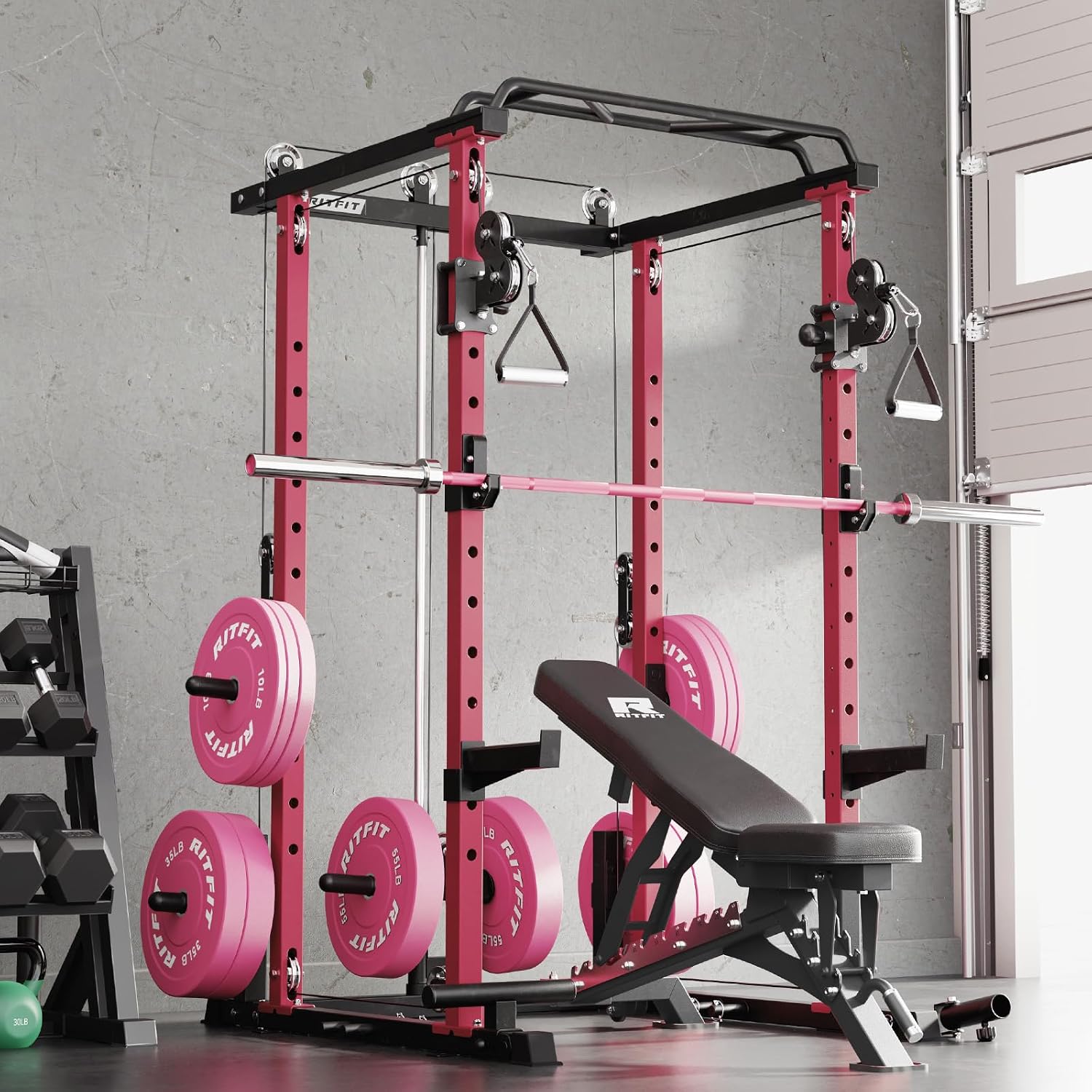 RitFit Multi-Function Garage & Home Gym Package Includes 1200LBS Power Cage PPC03/P3 with Cable Crossover System, Weight Bench, Olympic Barbell Weight Set, Full Body Workout