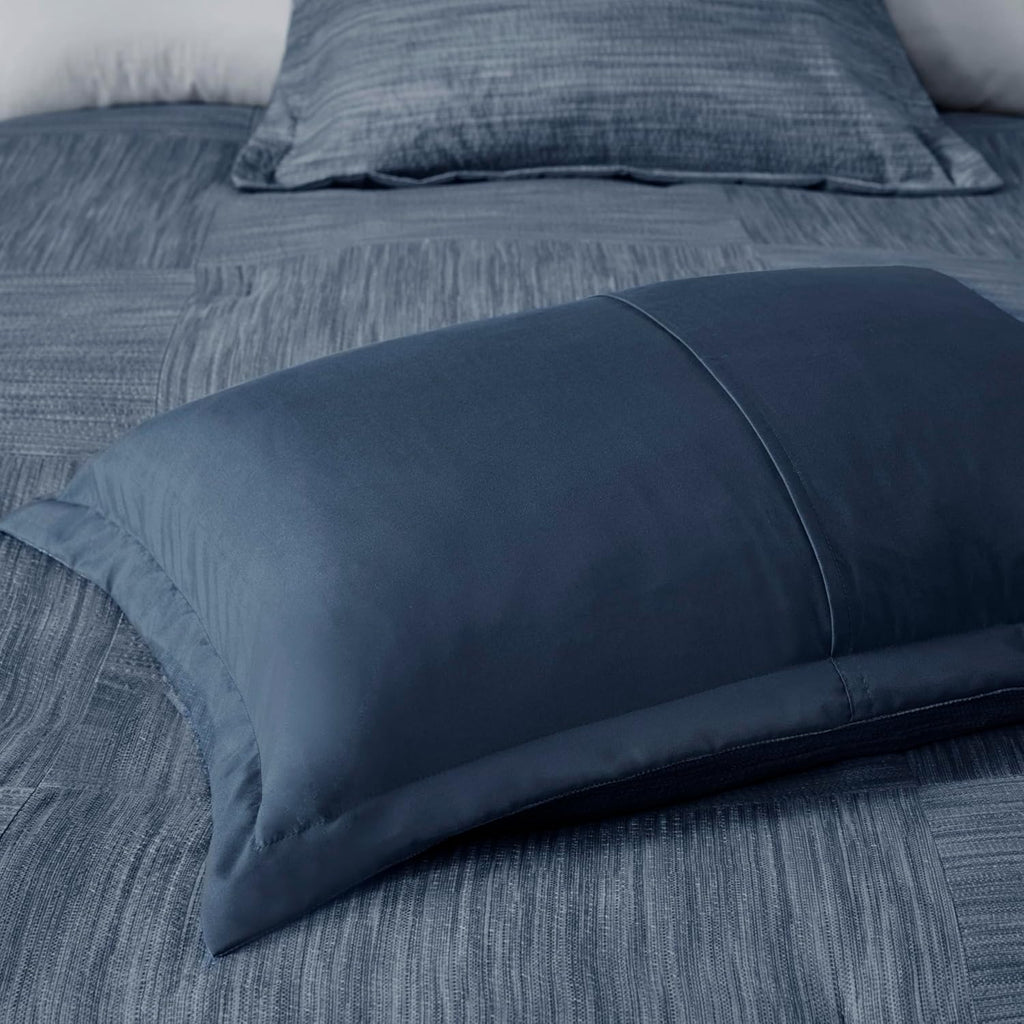 Madison Park Walter Comforter - Luxe Seersucker Print Design, All Season Down Alternative Bedding, Matching Shams, Bedskirt, Decorative Pillows, Navy Cal King(104'x92') 7 Piece
