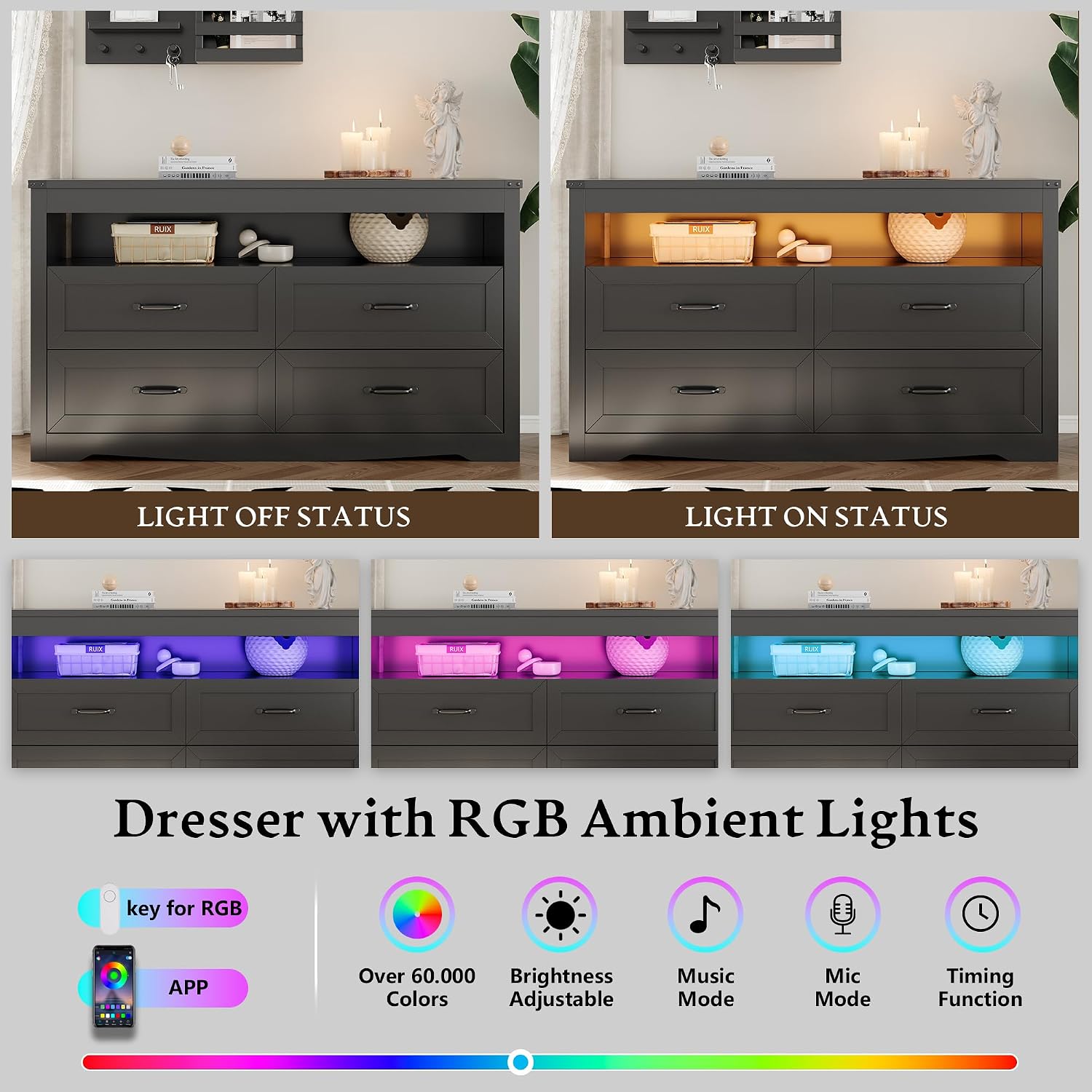 Dresser for Bedroom with 4 Drawers, Farmhouse Chest of Drawers with Natural Texture and LED Lights, Wide Wood Rustic Closet Storage Organizer, Modern Dresser TV Stand for Living Room, Entryway, Black