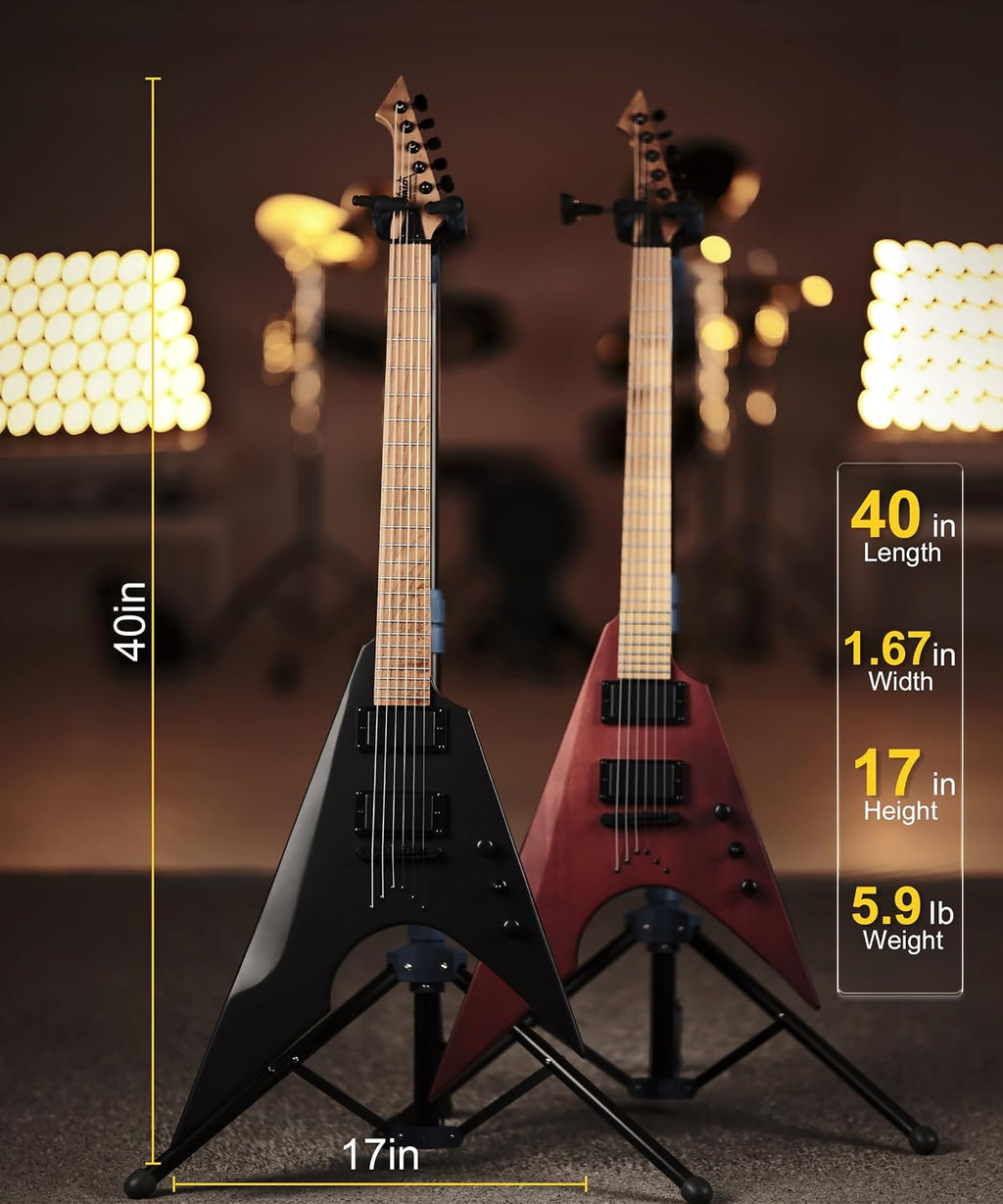 AKLOT Metal V Electric Guitar: HH Pickups, Roasted Maple Neck, Okoume Body, String-Through-Body, Stainless Steel Rounded Ball-End Frets,Beginner Electric Guitar Kit for Adult,Gig Bag,Lesson Book,Black