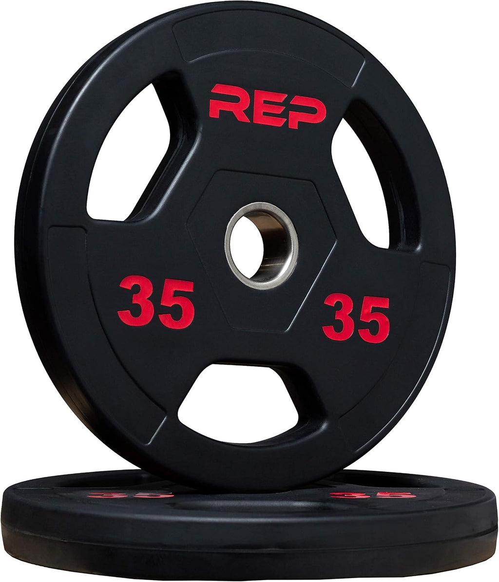 REP Fitness Rubber Coated Olympic Plates, Updated Design - Tri-Grip Olympic Barbell Weights – Sold in Pairs and Sets…