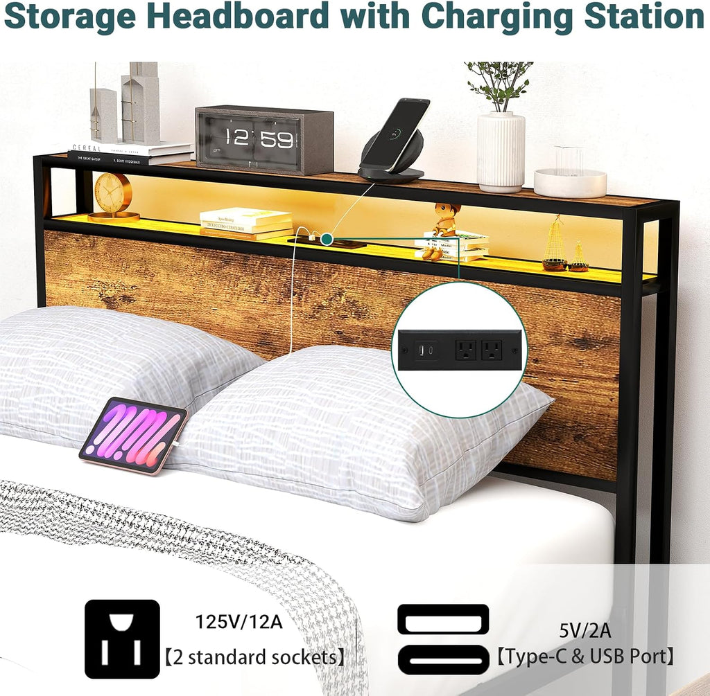 Zevemomo Queen Bed Frame with 8 Drawers, Queen Metal Bed Frame with LED Light & Charging Station, Heavy Duty Metal Slats, No Box Spring Needed, Rustic Brown