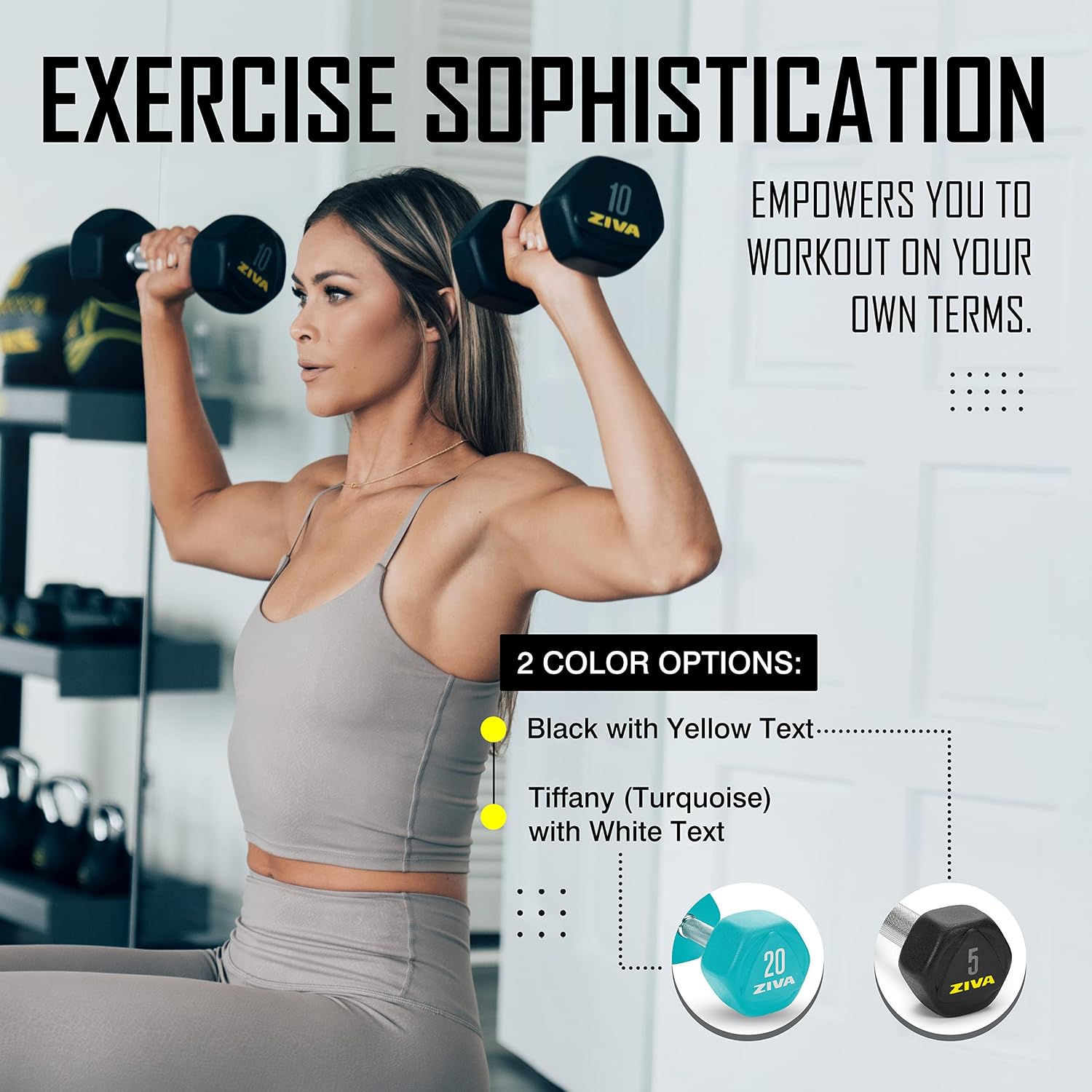 ZIVA Premium Hex Dumbbells – Commercial Grade Rubber Urethane Coated Free Weights for Strength Training, Weightlifting, Home Gym – Durable Steel Core – Sold in Pairs and Sets