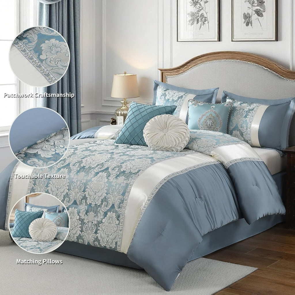 Queen Jacquard Comforter Set Teal Blue Cream - Luxury 7-Piece Bed in a Bag, Damask Patchwork Design, All Season Faux Silk Soft Fluffy Bedding with Bed Skirt, Shams, Pillows, 90'x90'