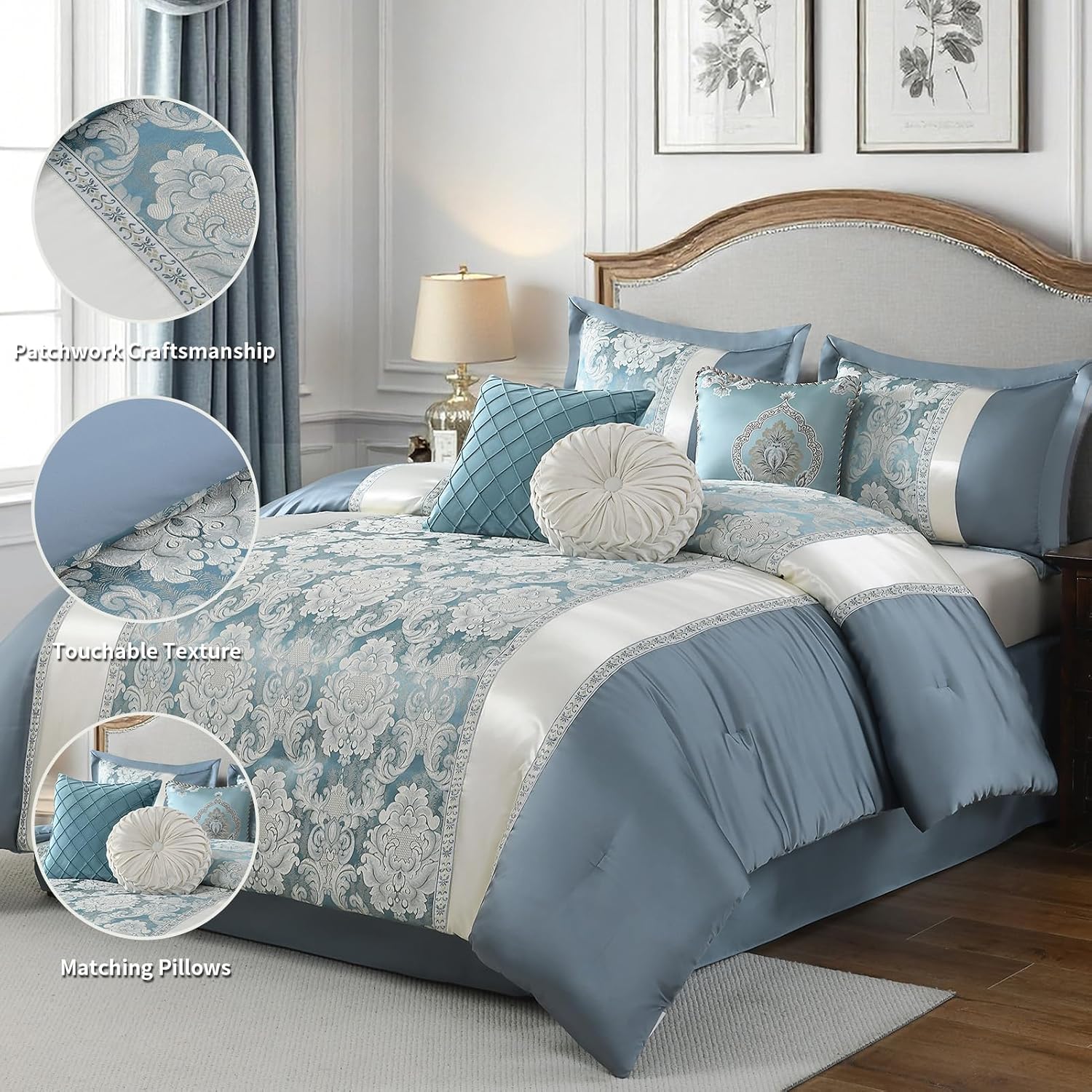 Queen Jacquard Comforter Set Teal Blue Cream - Luxury 7-Piece Bed in a Bag, Damask Patchwork Design, All Season Faux Silk Soft Fluffy Bedding with Bed Skirt, Shams, Pillows, 90'x90'