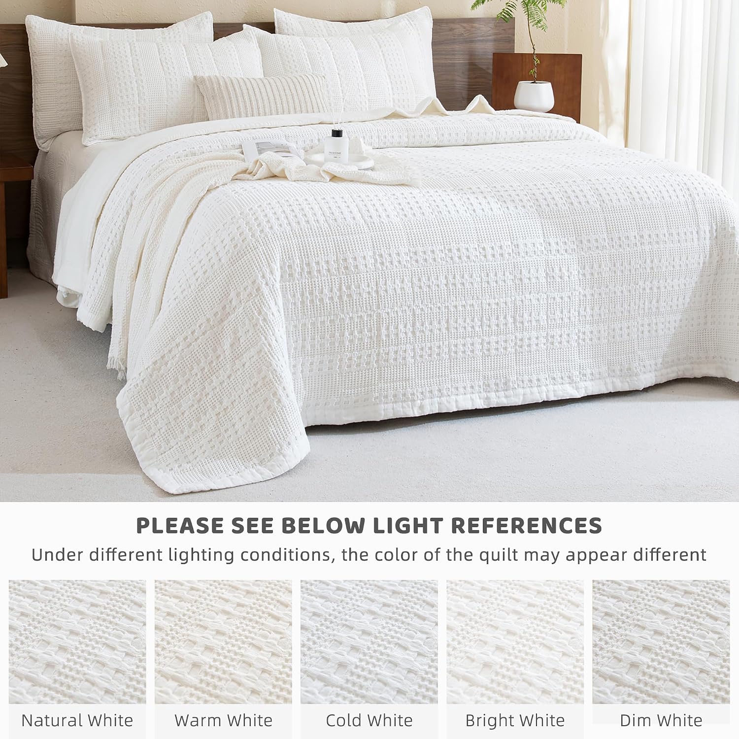 Sanracie White Cotton Quilt Set Queen Size(90'x98')-Waffle Weave Quilt, 3PCS Queen Quilt Bedding Sets, Farmhouse Shabby Boho Chic Quilt Sets for Bed, All Seasons Ultra Soft Qulited Bedspread Set