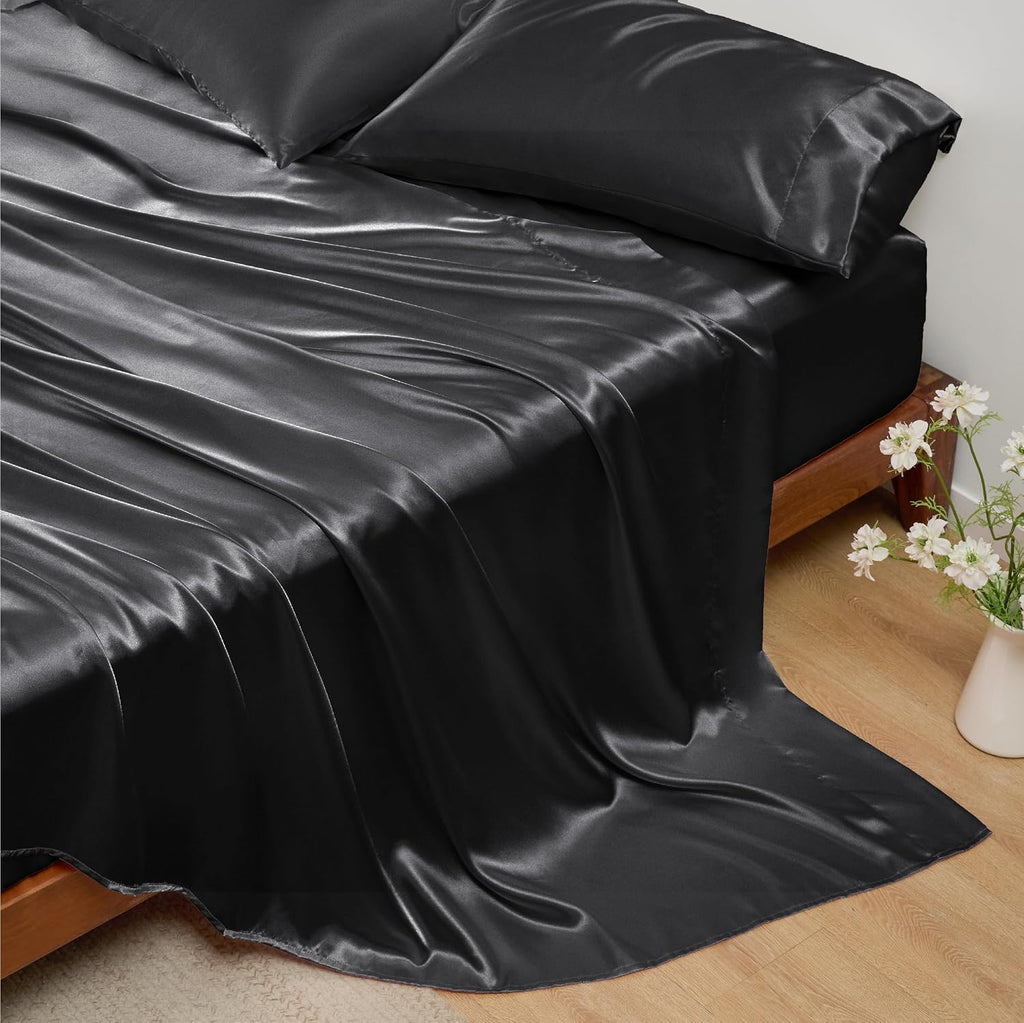 4 Pieces Sheet Set, 100% Mulberry Silk Bed Sheets Fits 10-12' Deep Pocket, 22 Momme Queen Size 6A Luxury Silk Bedding Set with Flat Sheet, Fitted Sheet & 2 Pillowcases (Solid, Black)