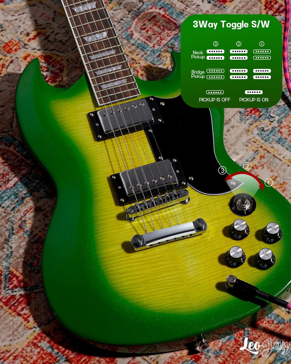 Leo Jaymz 39 Inch Solid Body Electric Guitar - Poplar Wood Body，Maple Neck and Laurel Wood Fretboard (Green Flame)