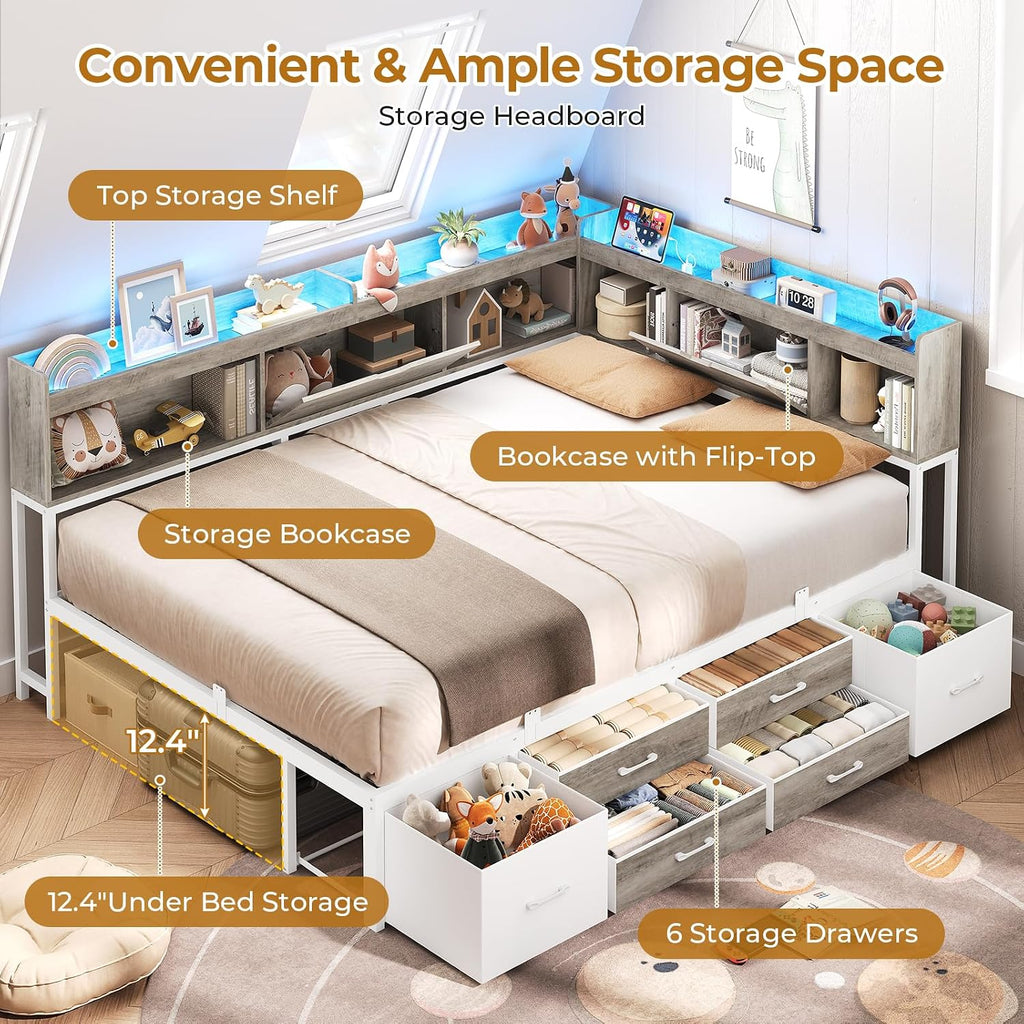 AOGLLATI Full Size Corner Bed Frame with 6 Storage Drawers and Bookcase Hidden Headboard, Full Bed Frame Metal Platform Daybed with Charging Station and LED Lights for Kids Teens, Grey
