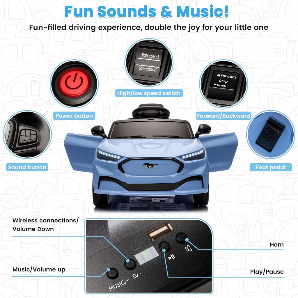 Bobike Electric Ride On Car for Kids, 12V Electric Toddler Car with Remote Control, Ride on Toys for Kids with LED Lights, Music Player, Lockable Doors (Blue)