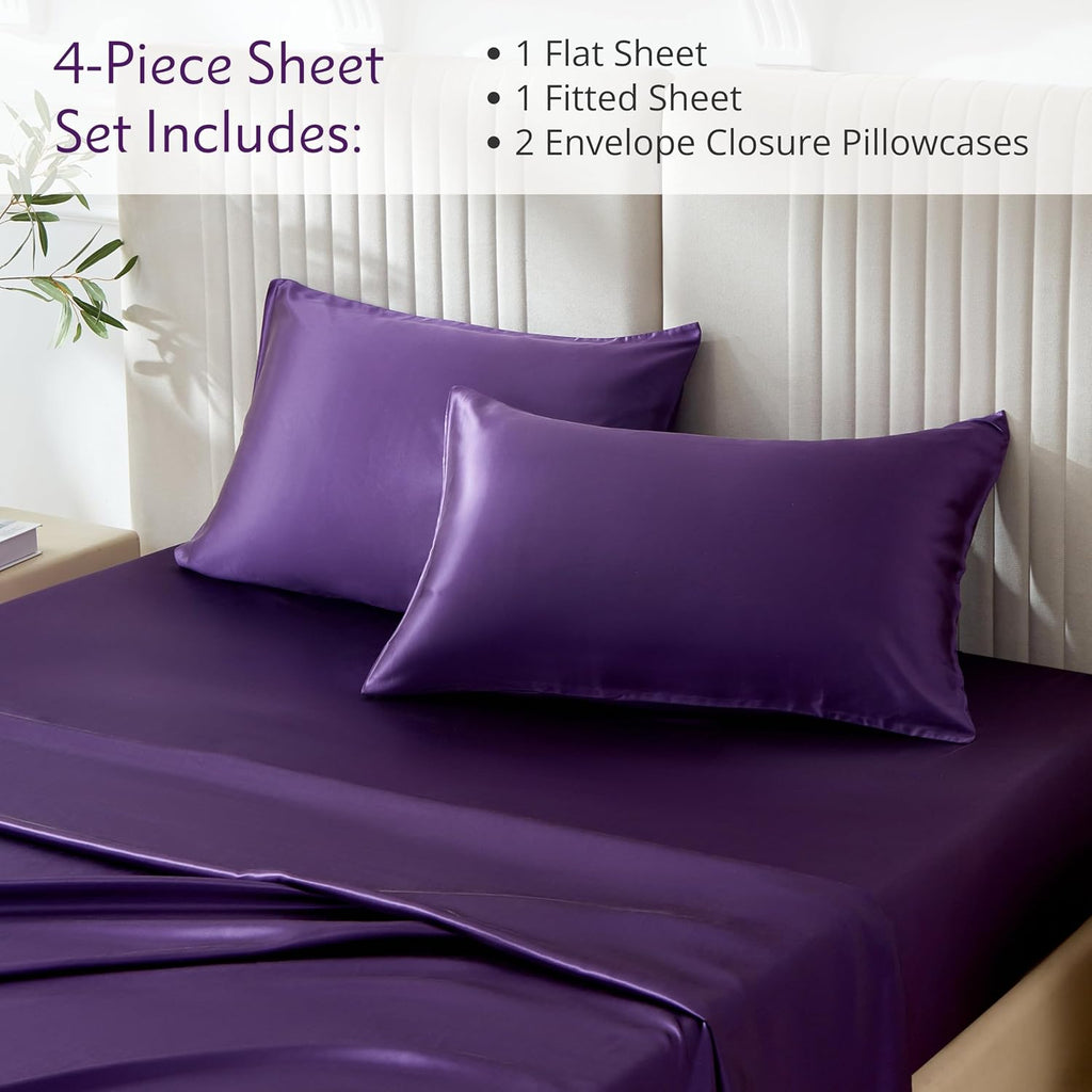 Mulberry Park Silks - 22 Momme 100% Mulberry Silk Sheets - Queen Size Bed Set - 16' Pocket - Luxurious Bed Sheets & Pillowcases, Skin-Friendly & Breathable - Charmeuse Silk for Hair Care - Plum