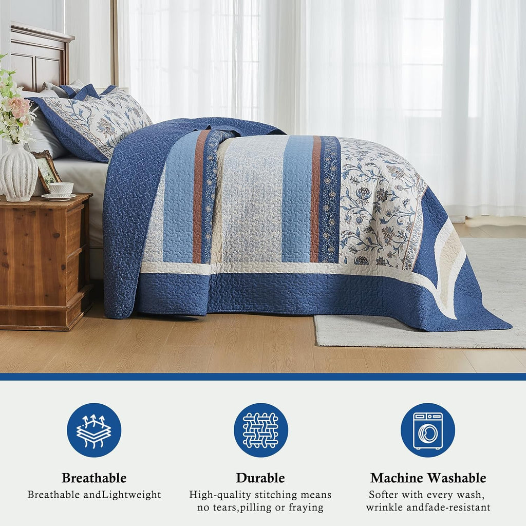 100% Cotton Oversized King Bedspread 128'x120' - Lightweight Vintage California Quilt with 2 Shams, Reversible Floral Striped Extra Wide Quilted Bedding Coverlet Set, Dark Blue/Brown/Cream