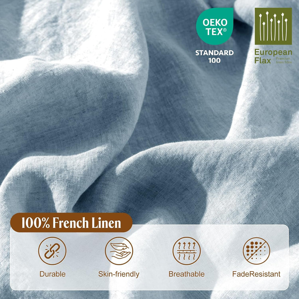 LBRO2M 100% France Linen Duvet Cover Set 3 Pcs Including 1 Flax Comforter Cover with Zipper Closure, 2 Pillowcase, Cozy Duvet Cover Queen Size, Dusty Blue