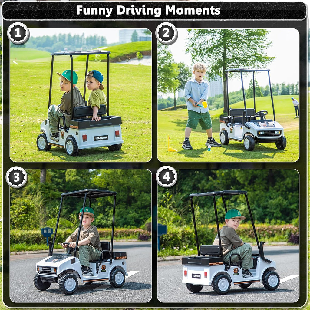 12V 7AH Golf Cart for Kids Boys Girls, Battery Powered Ride on Toys with Parent Remote Control, 2 Seater Ride on Golf Cart with Plastic Roof, Real Pedal, Music Player, Horn (White)