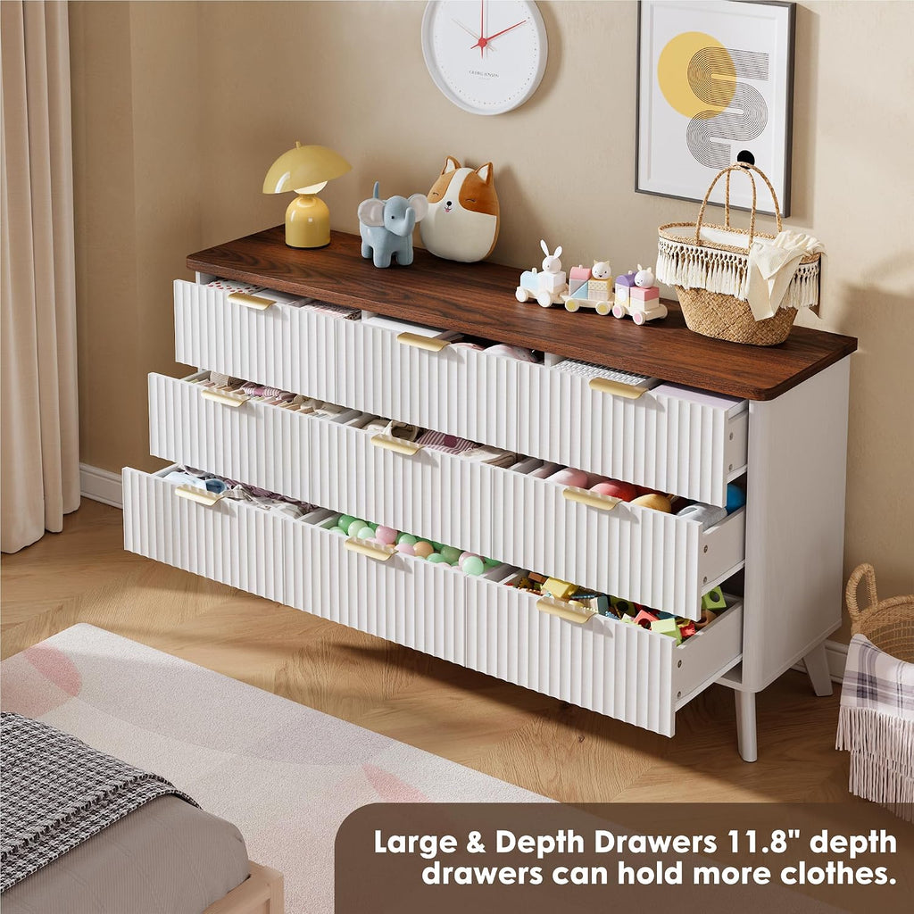 GarveeHome Fluted Dresser for Bedroom with 9 Deep Drawers, 60.6 in Wide Modern Chest of Drawers, Wooden Dresser TV Stand, Curved Profile Design, for Living Room, Kids Room, Hallway, White