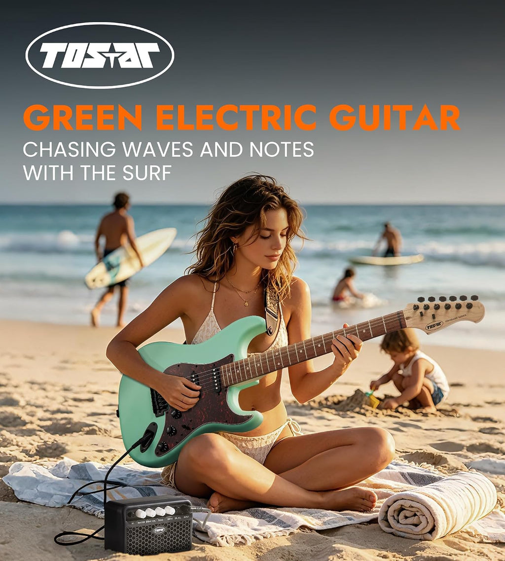 Tostar Electric Guitar Full Size Kit for Beginners 6 String Bundle with Amp SSH Pickup with Gig Bag,Capo,Tremolo, Strap, Picks Green Electric Guitars 39' for Gifts